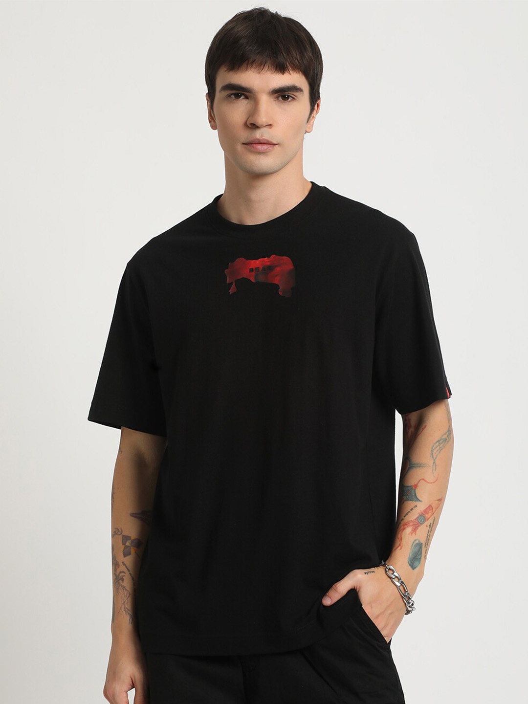

THE BEAR HOUSE Abstract Printed Slim Fit Pure Cotton T-shirt, Black