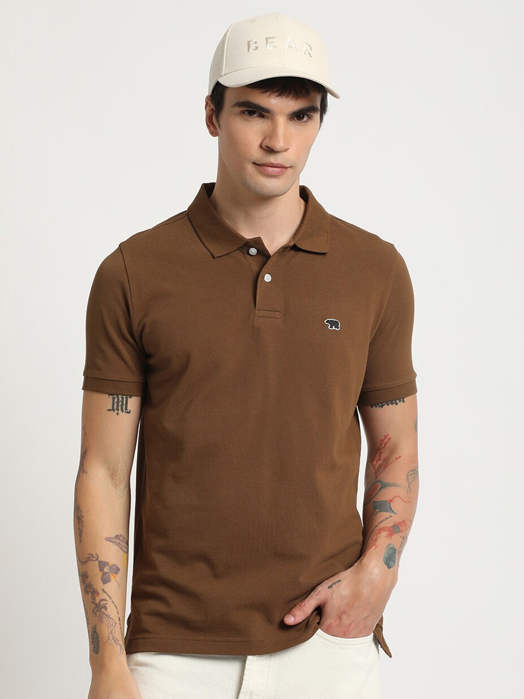 

THE BEAR HOUSE Polo Collar Pure Cotton Slim Fit T-shirt, Brown