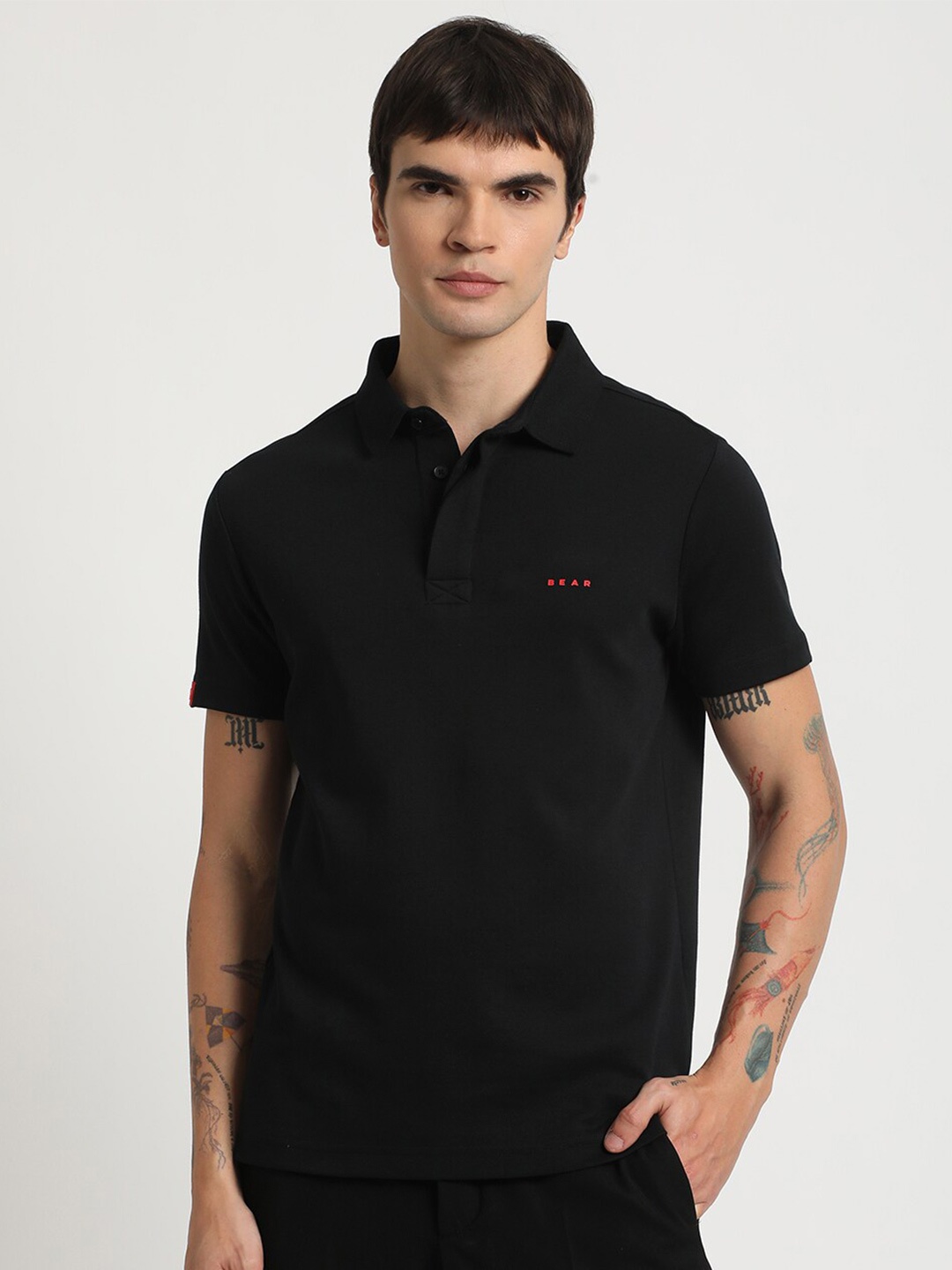 

THE BEAR HOUSE Polo Collar Pure Cotton Slim Fit T-shirt, Black