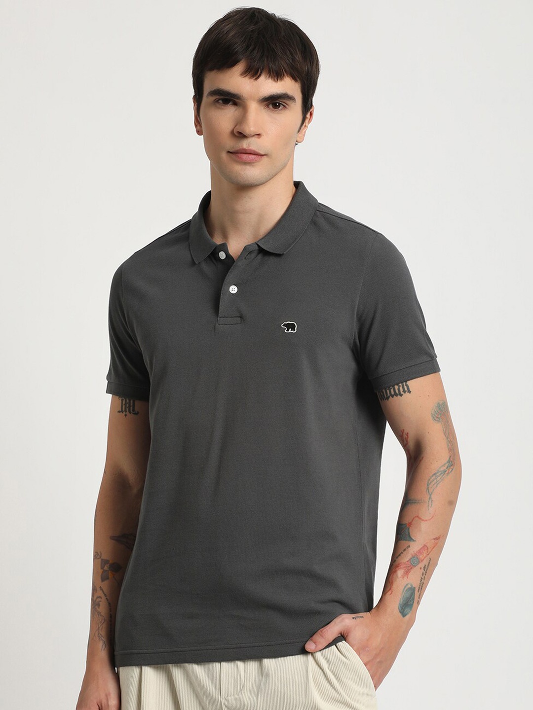 

THE BEAR HOUSE Polo Collar Pure Cotton Slim Fit T-shirt, Grey