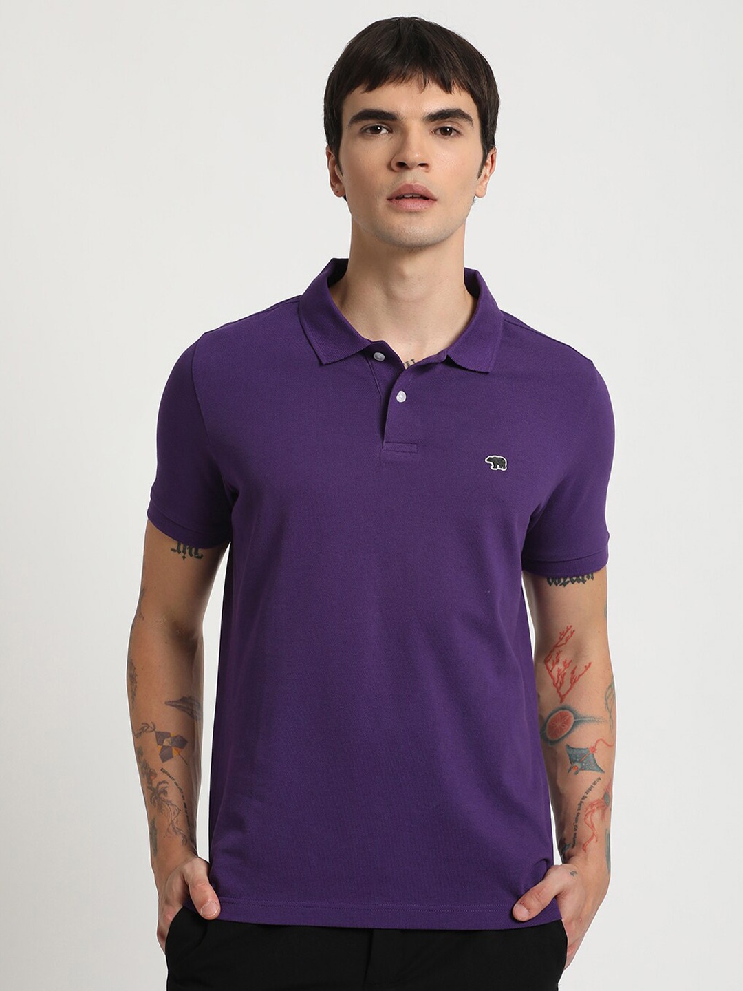 

THE BEAR HOUSE Polo Collar Cotton Slim Fit T-shirt, Purple