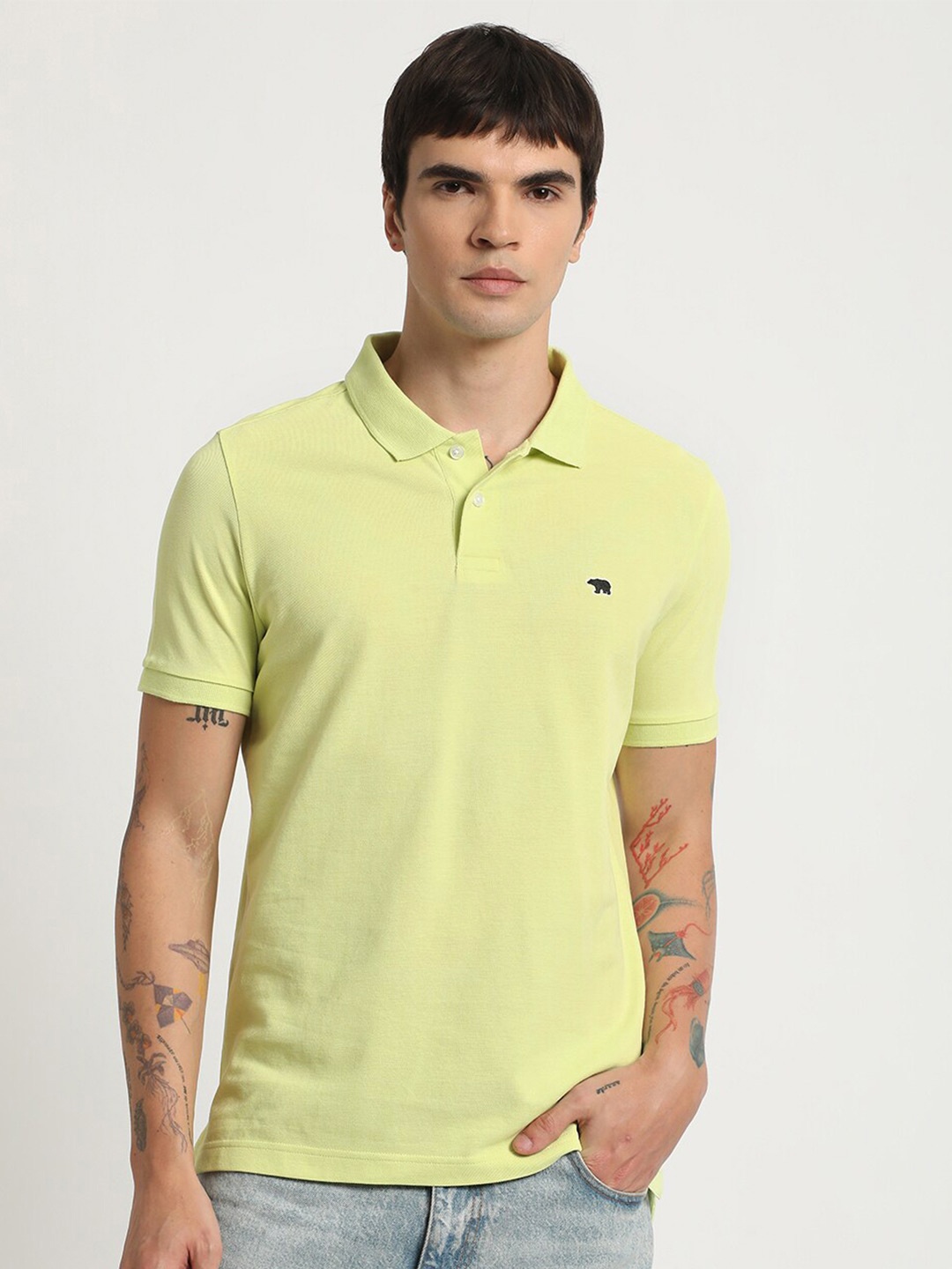 

THE BEAR HOUSE Polo Collar Slim Fit Cotton T-shirt, Yellow