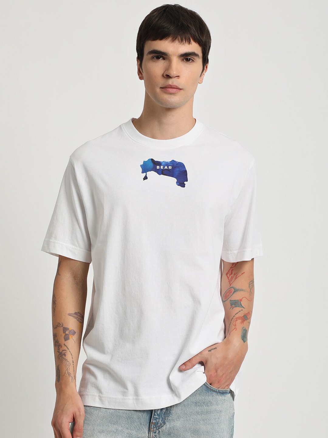 THE BEAR HOUSE Abstract Printed Slim Fit Pure Cotton T-shirt, White