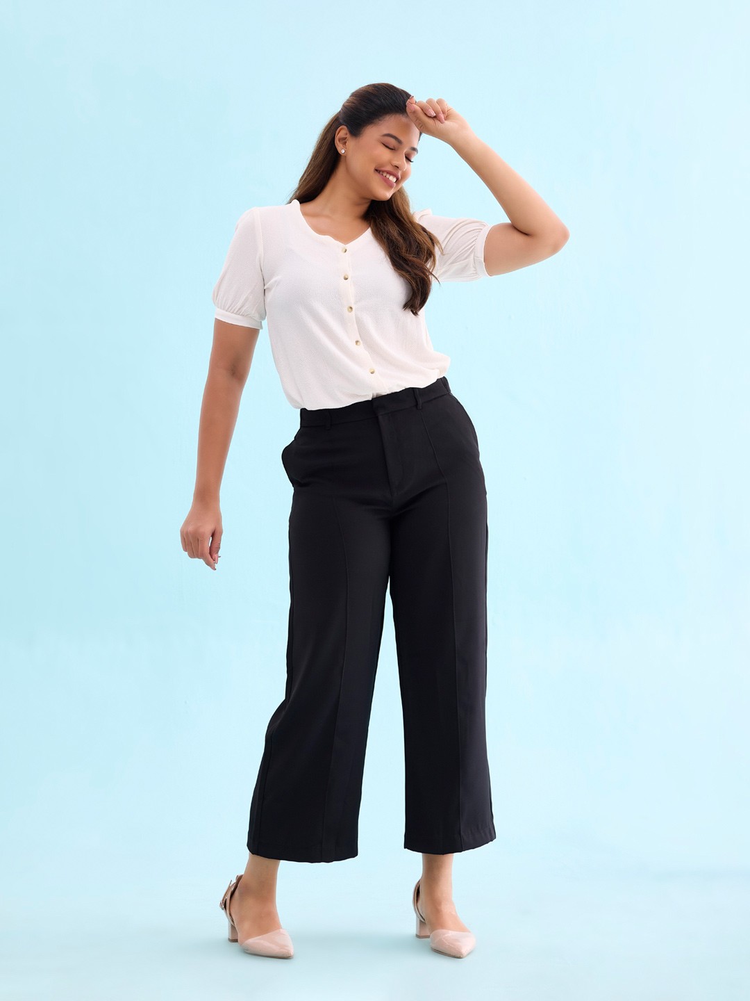 

Go Colors Women Relaxed Loose Fit High-Rise Trousers, Black