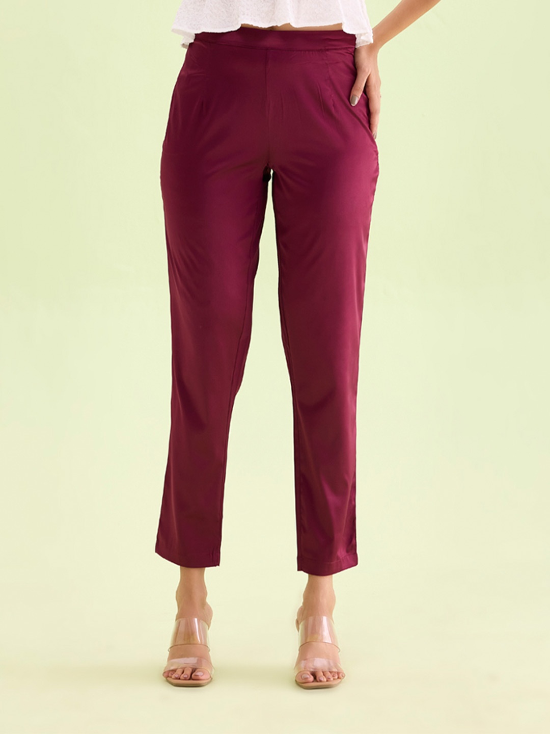 

Go Colors Plus Size Women Slim Fit Pleated Regular Trouser, Burgundy