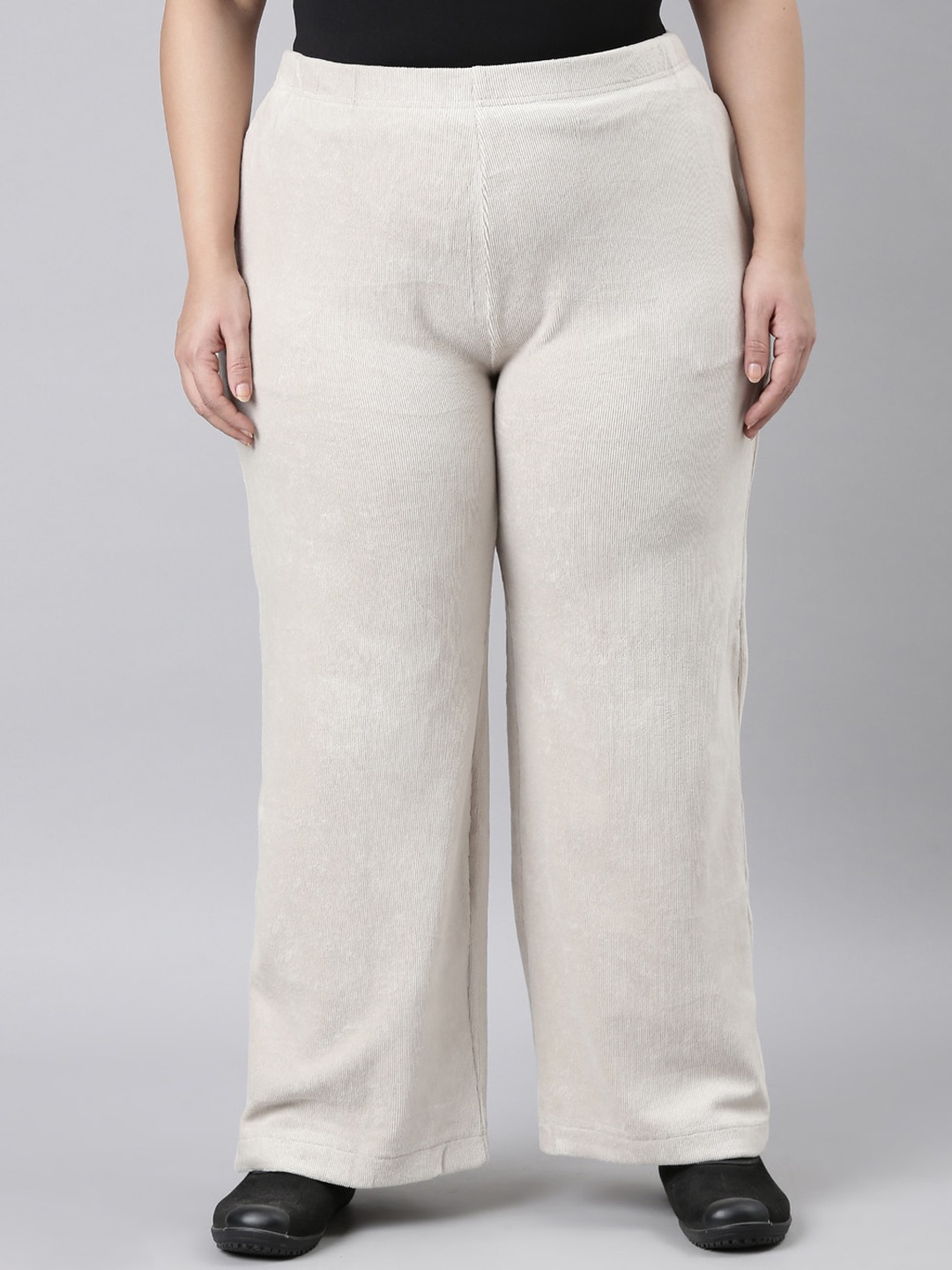 

Go Colors Plus Size Women Relaxed Loose Fit Cotton Corduory Regular Trouser, Beige