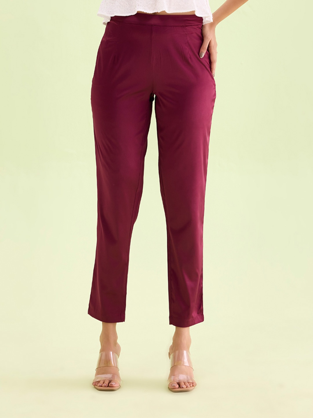 Go Colors Women Slim Fit Mid-Rise Ethnic Trouser, Burgundy