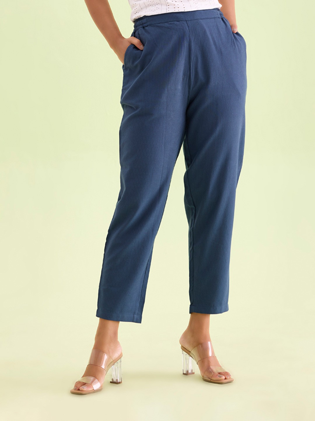 

Go Colors Women Linen Cropped Comfort Trousers, Blue