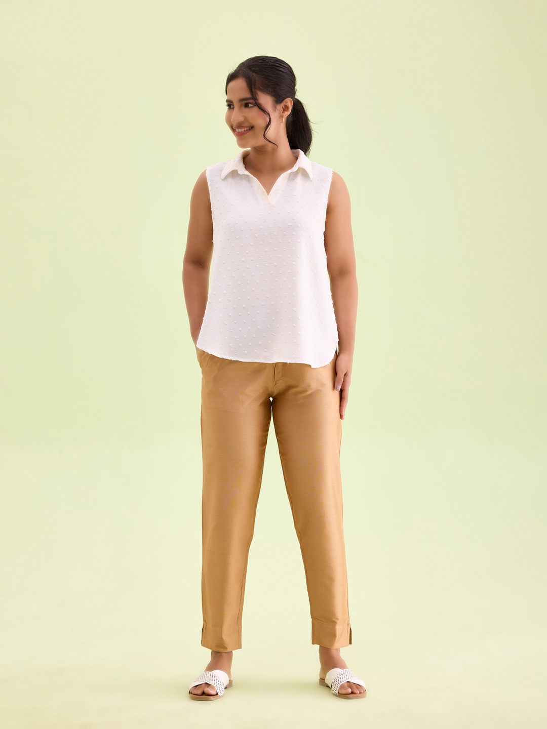 

Go Colors Women Gold-Toned Tailored Tapered Fit Modal Cigerette Trousers