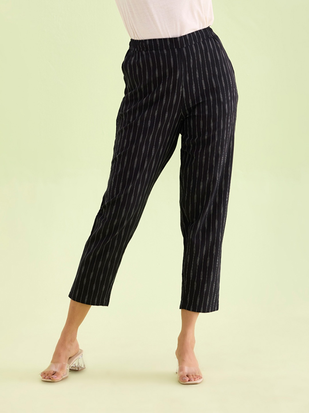 

Go Colors Women Striped Linen Comfort Trousers, Black