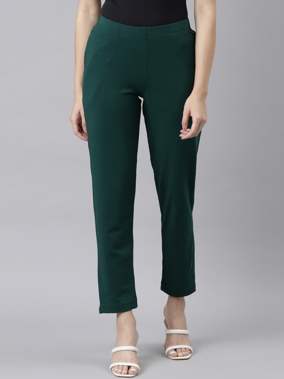 

Go Colors Women Relaxed Mid-Rise Cotton Cigarette Trousers, Green