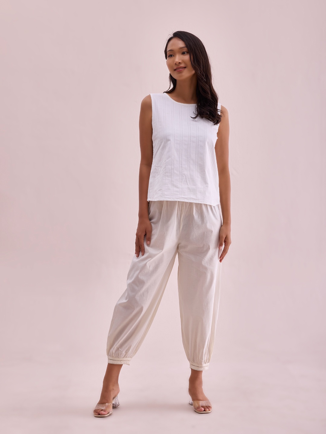 

Go Colors Women Pure Cotton Loose-Fit Cropped Salwar, Cream