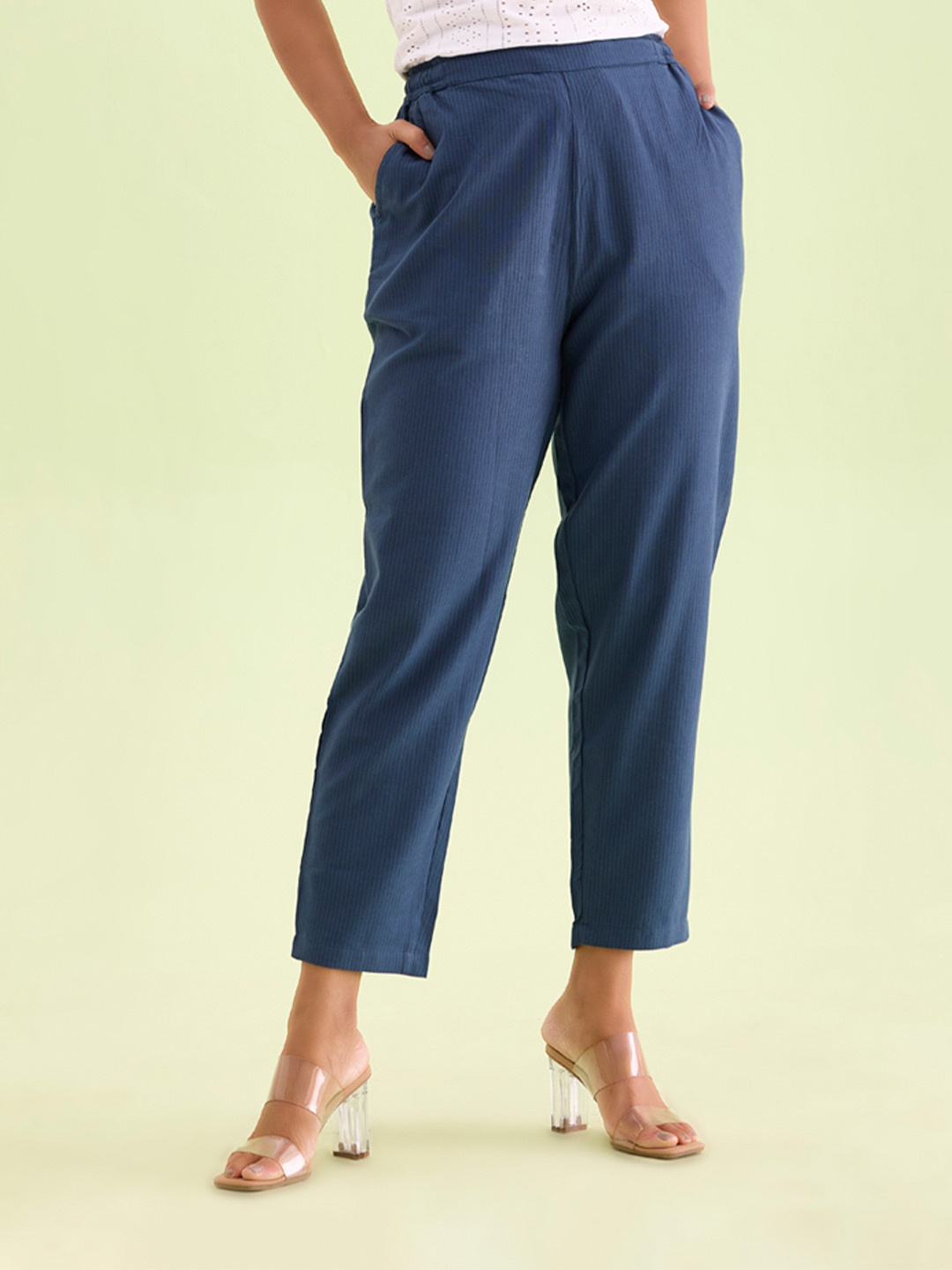 

Go Colors Women Comfort Mid-Rise Linen Trousers, Blue