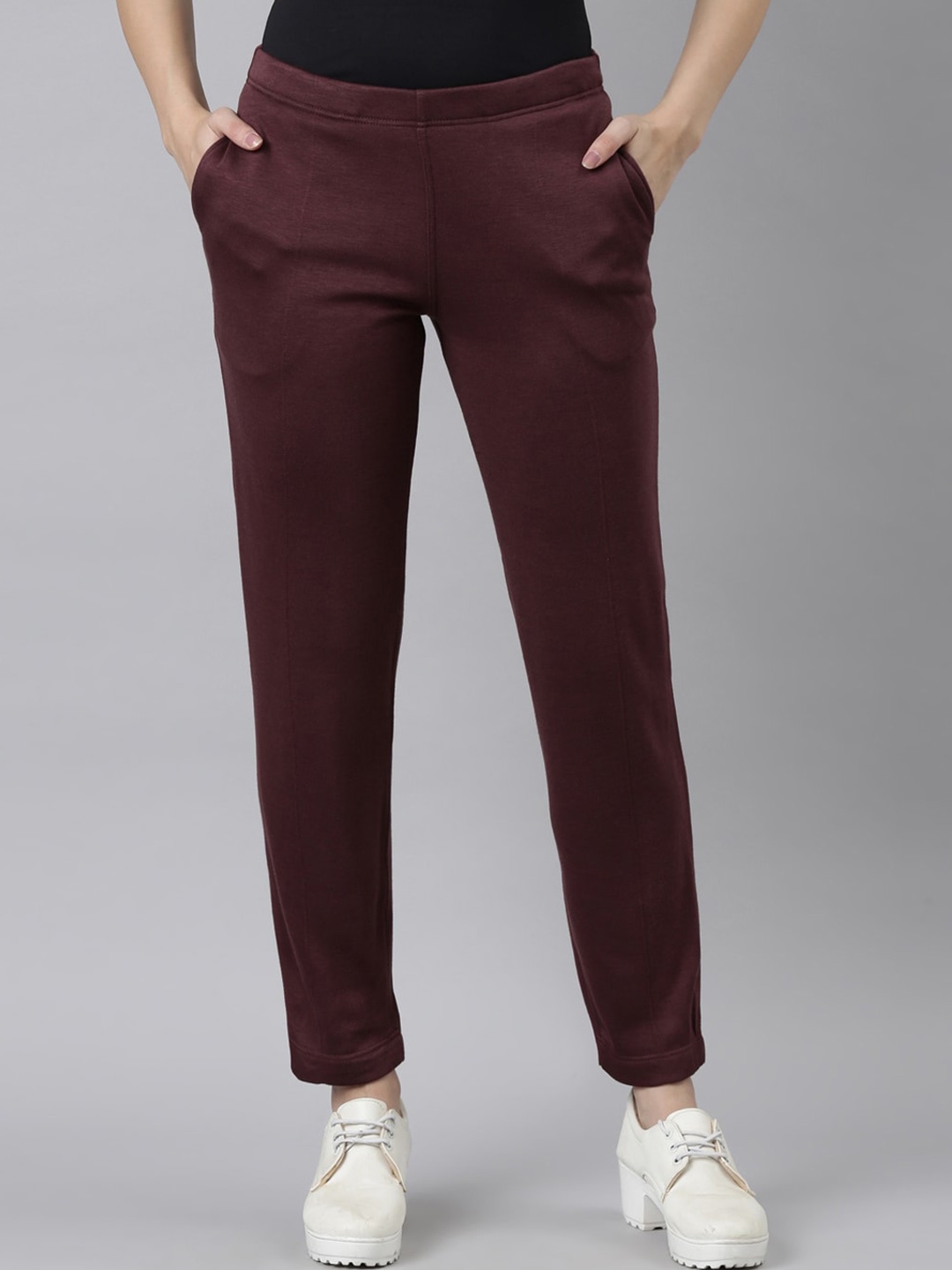 

Go Colors Women Tailored Mid Rise Tapered Fit Trousers, Maroon