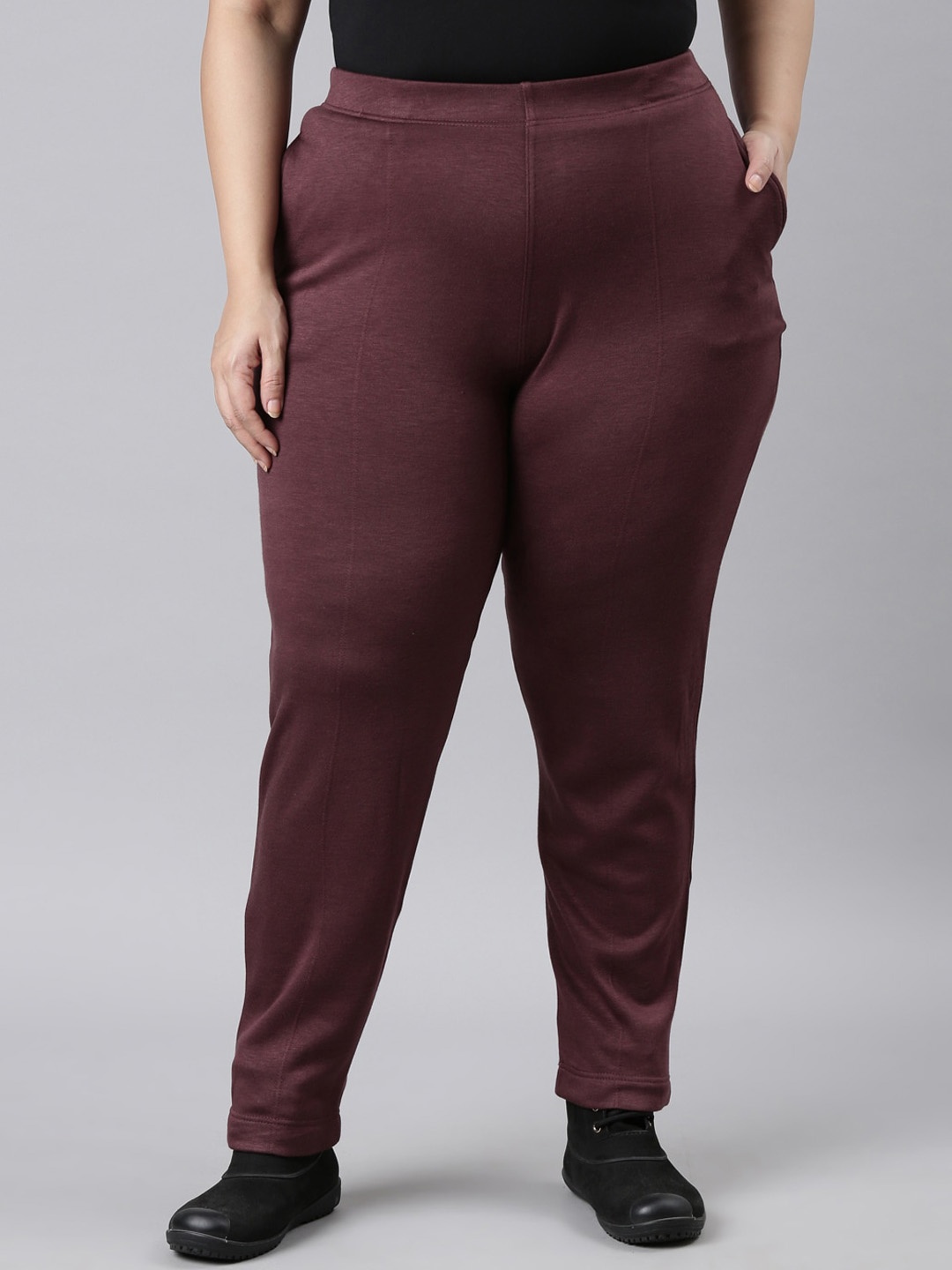 

Go Colors Plus Size Women Tailored Mid-Rise Tapered Fit Trousers, Maroon