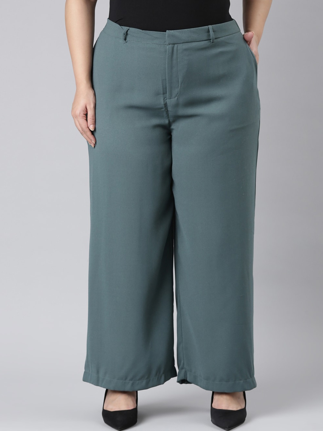 

Go Colors Women Plus Size Relaxed Loose Fit High-Rise Parallel Trousers, Green