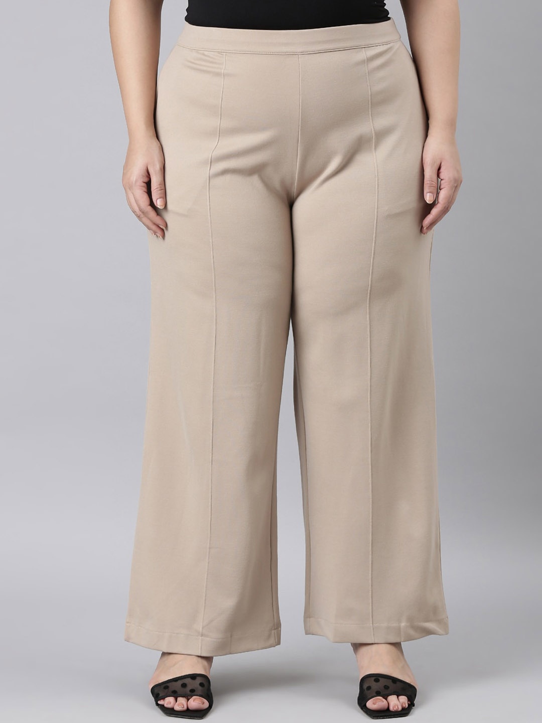 

Go Colors Women Plus Size Relaxed Loose Fit High-Rise Parallel Trousers, Beige