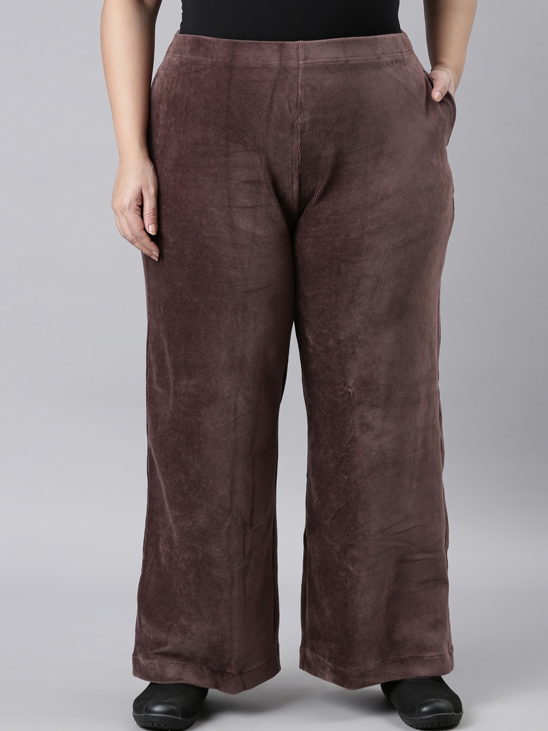 

Go Colors Women Plus Size Relaxed Loose Fit Corduroy Parallel Trousers, Brown