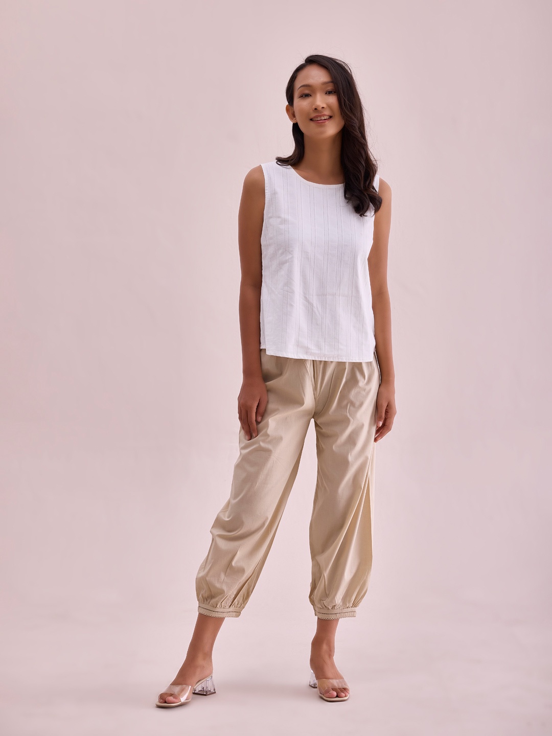 

Go Colors Plus Size Pure Cotton Pleated Loose-Fit Salwar, Beige