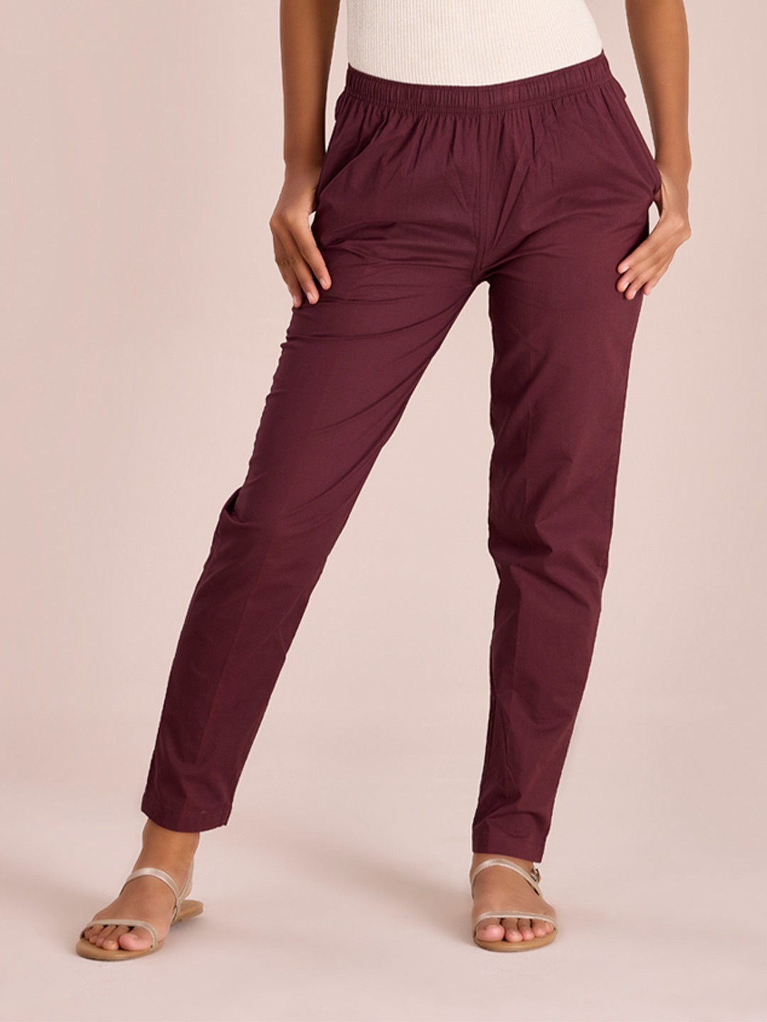 

Go Colors Women Tailored Tapered Fit Cotton Trousers, Maroon