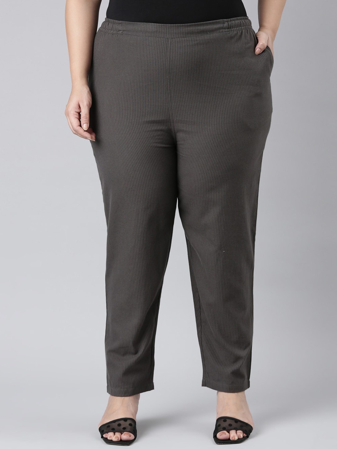 

Go Colors Women Plus Size Striped Comfort Linen Trousers, Charcoal