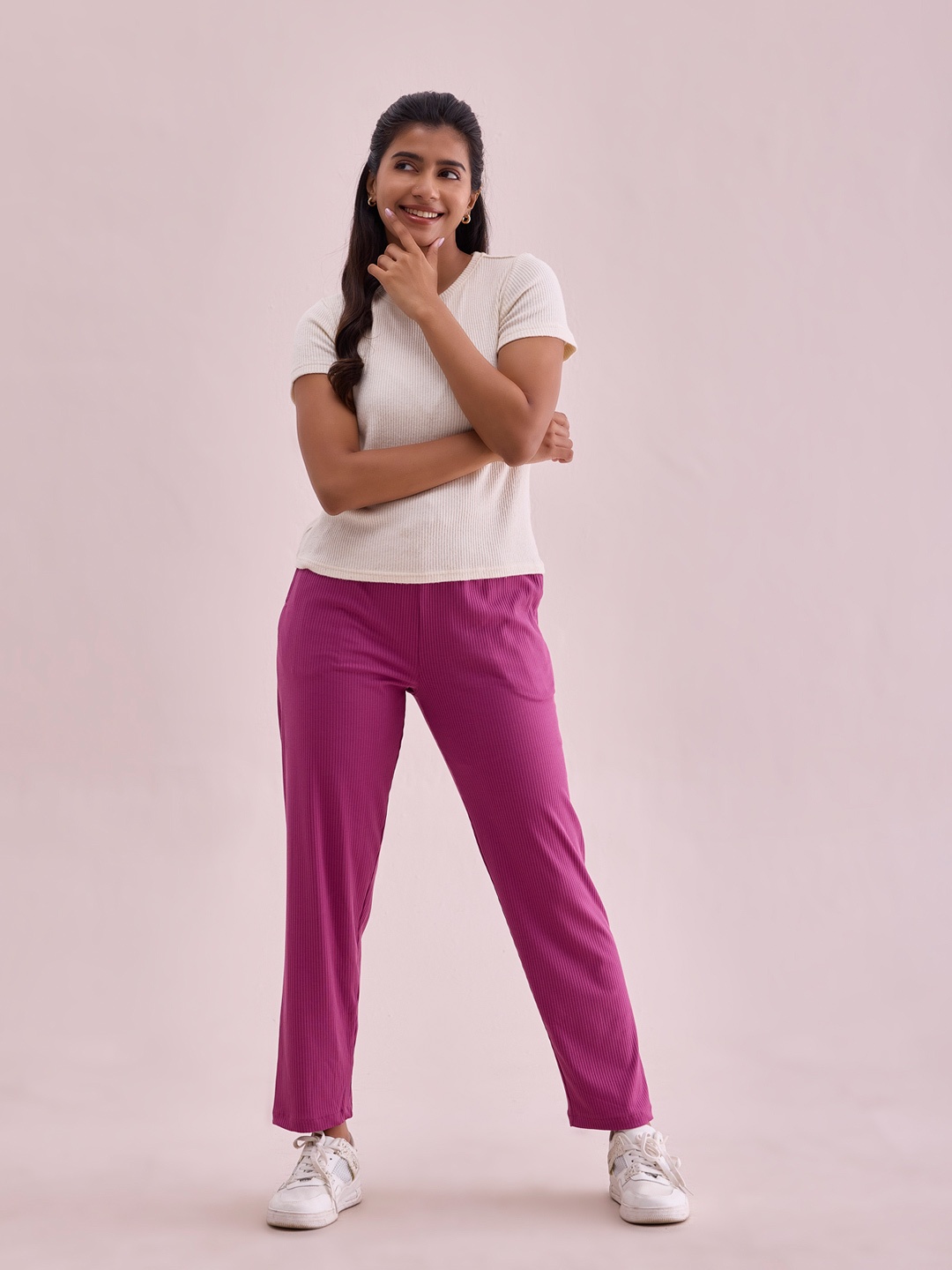 

Go Colors Women Ribbed Relaxed Loose Fit Trousers, Pink