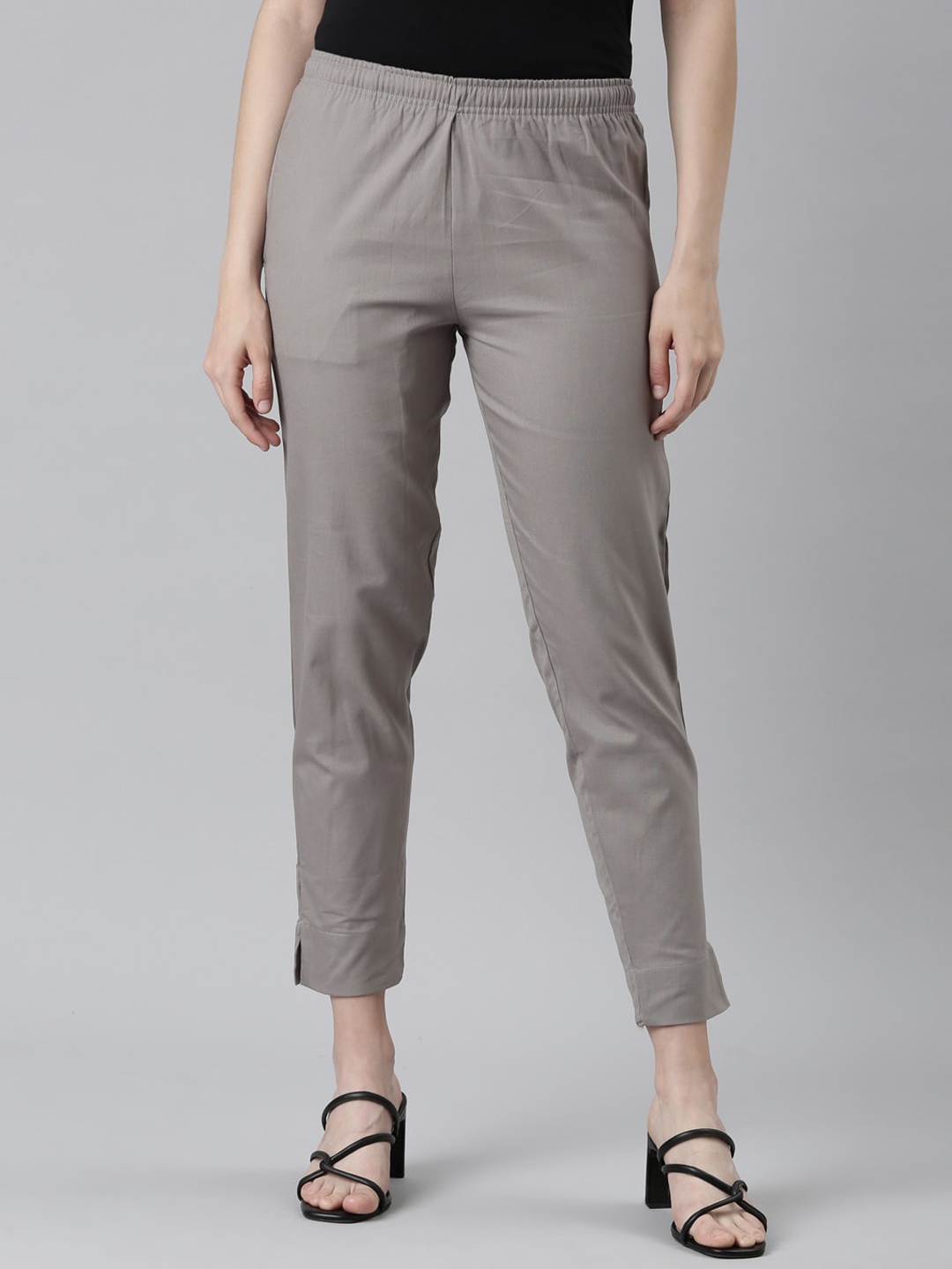 Go Colors Women Relaxed Tapered Fit Cotton Trousers, Grey