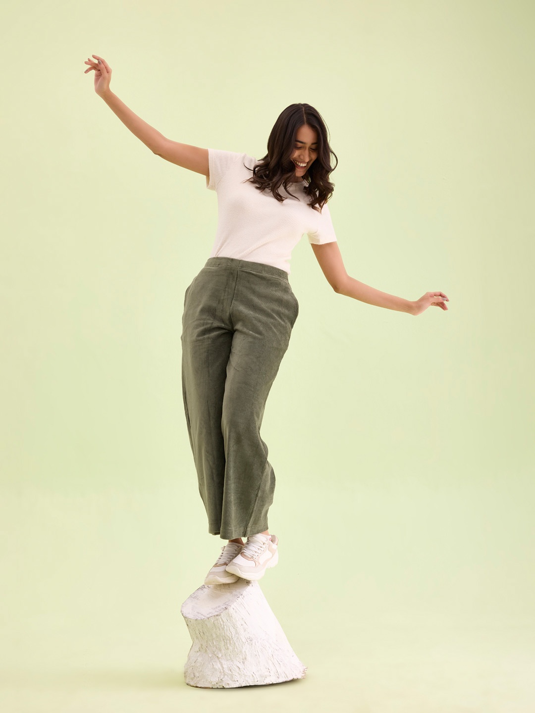 

Go Colors Women Plus Size Relaxed Loose Fit Corduroy Parallel Trousers, Green