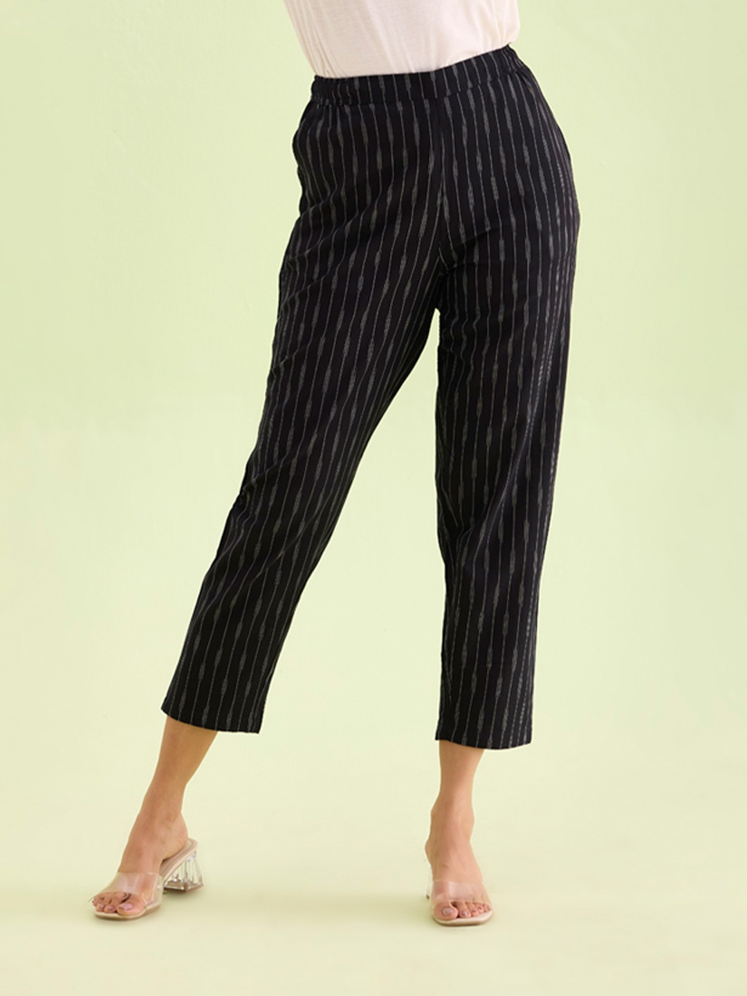 

Go Colors Women Plus Size Comfort Striped Linen Trousers, Black