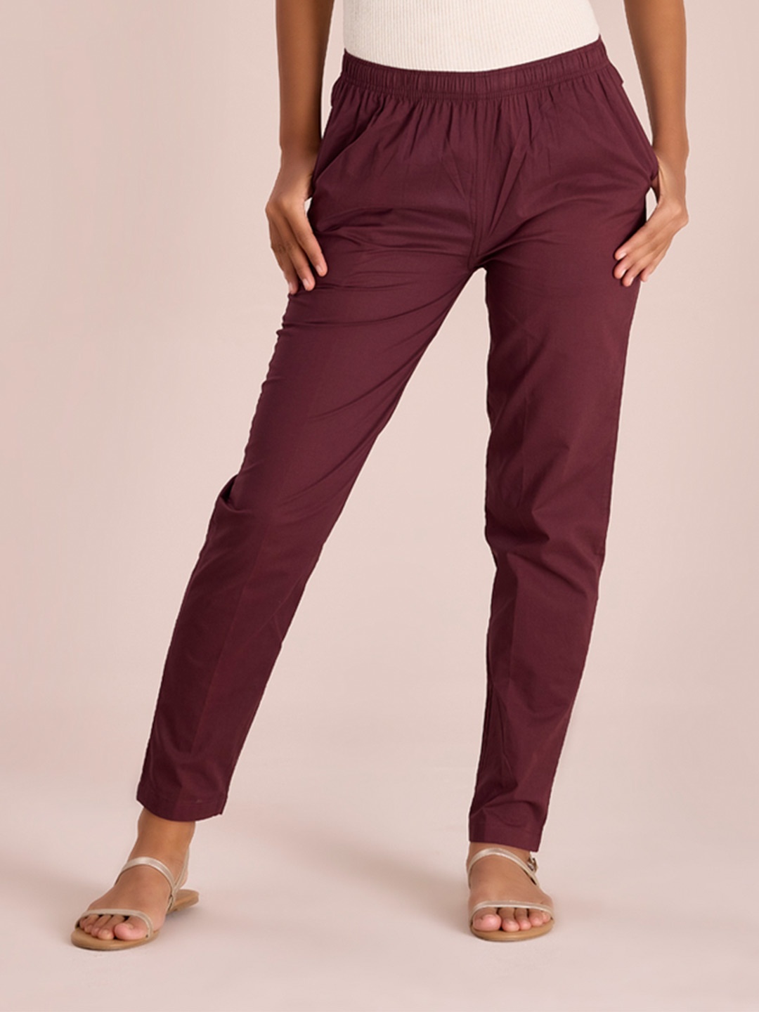 

Go Colors Women Plus Size Tailored Tapered Fit Cotton Trousers, Red