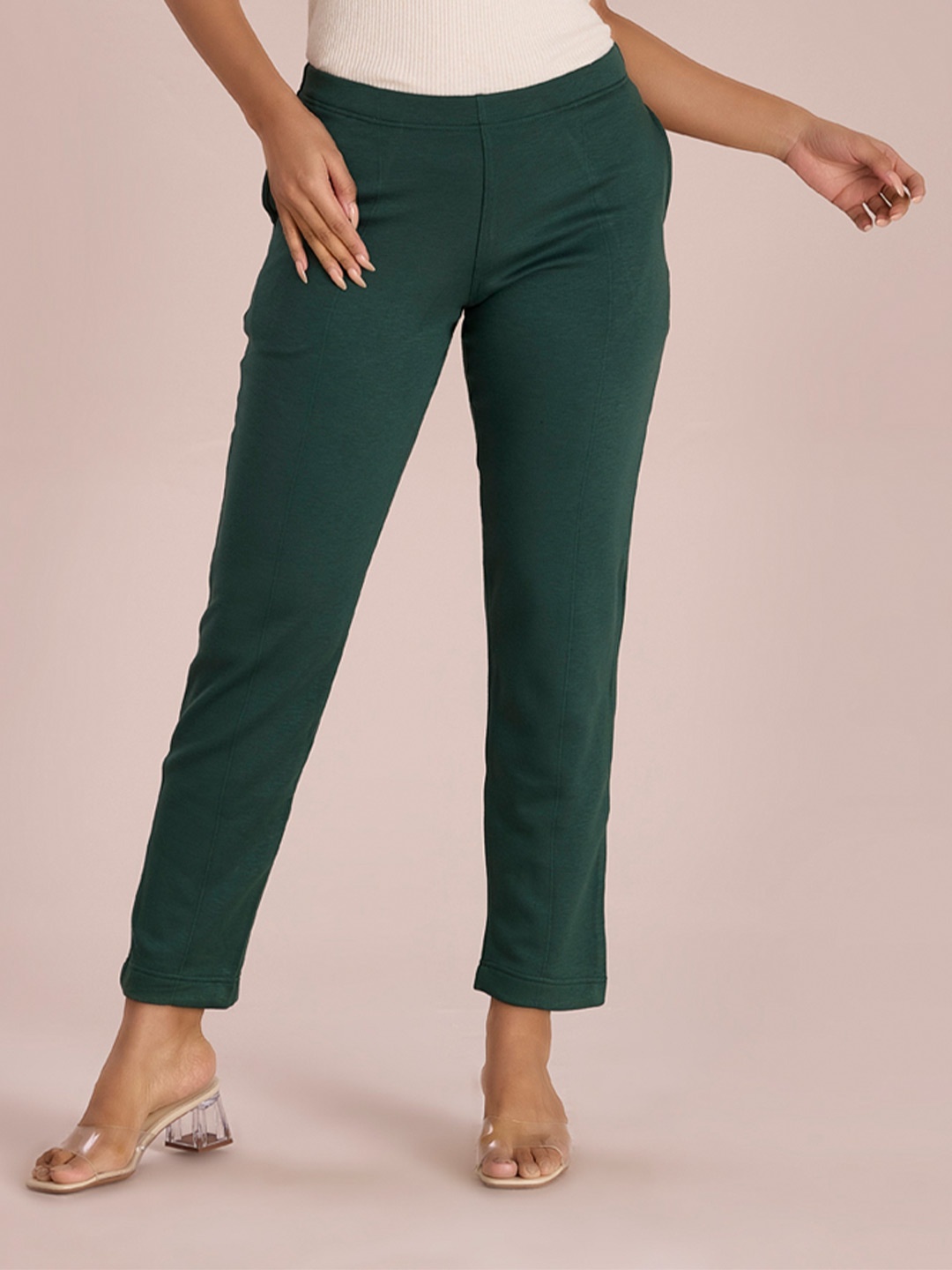 

Go Colors Women Tailored Tapered Fit Acrylic Trousers, Green