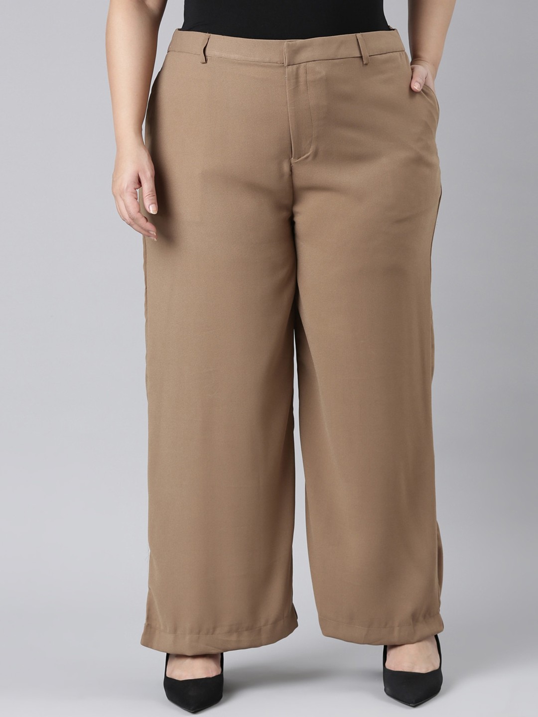 

Go Colors Women Plus Size Relaxed Loose Fit High-Rise Parallel Trousers, Beige