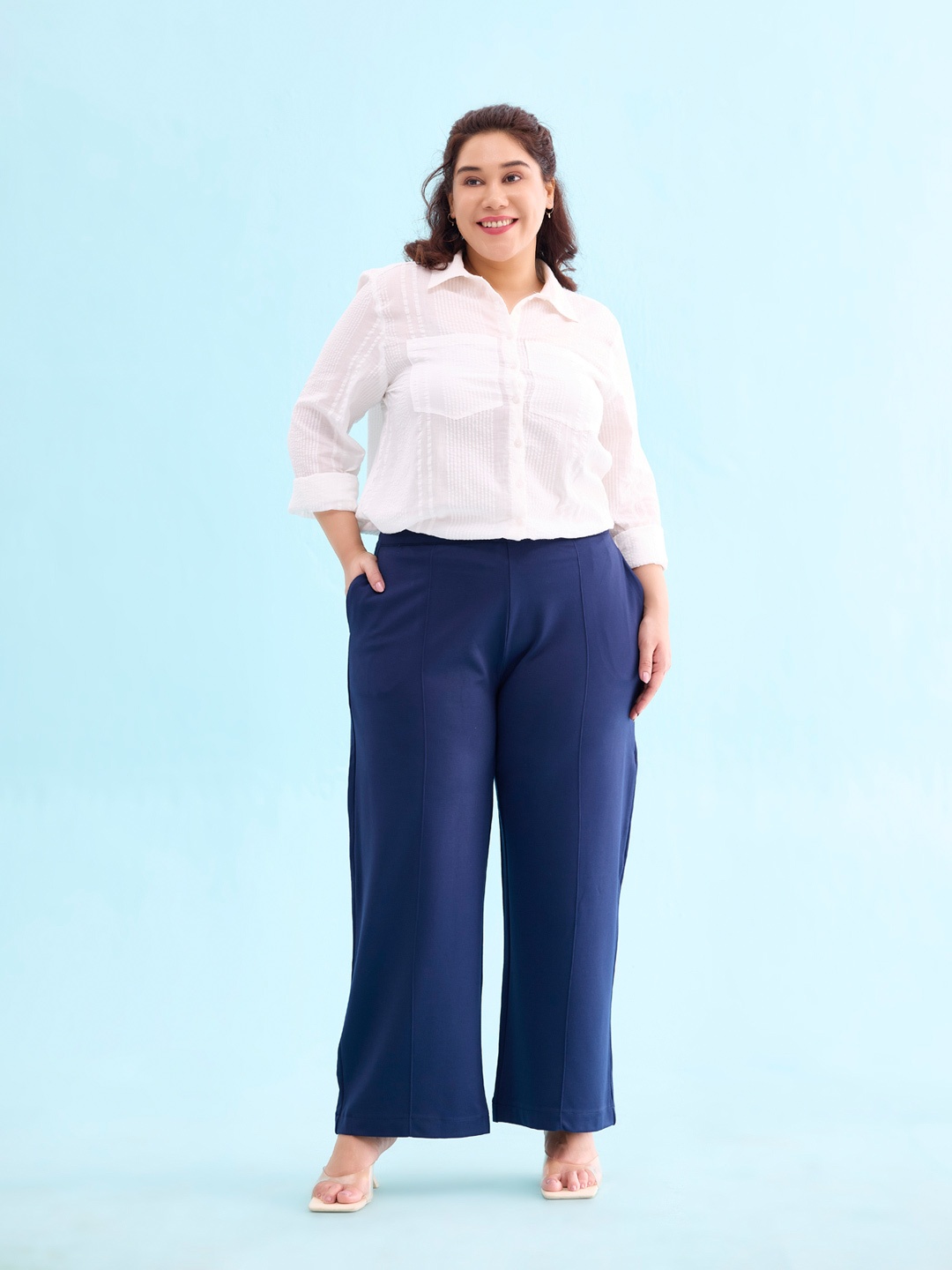 

Go Colors Women Plus Size Relaxed Loose Fit High-Rise Parallel Trousers, Navy blue