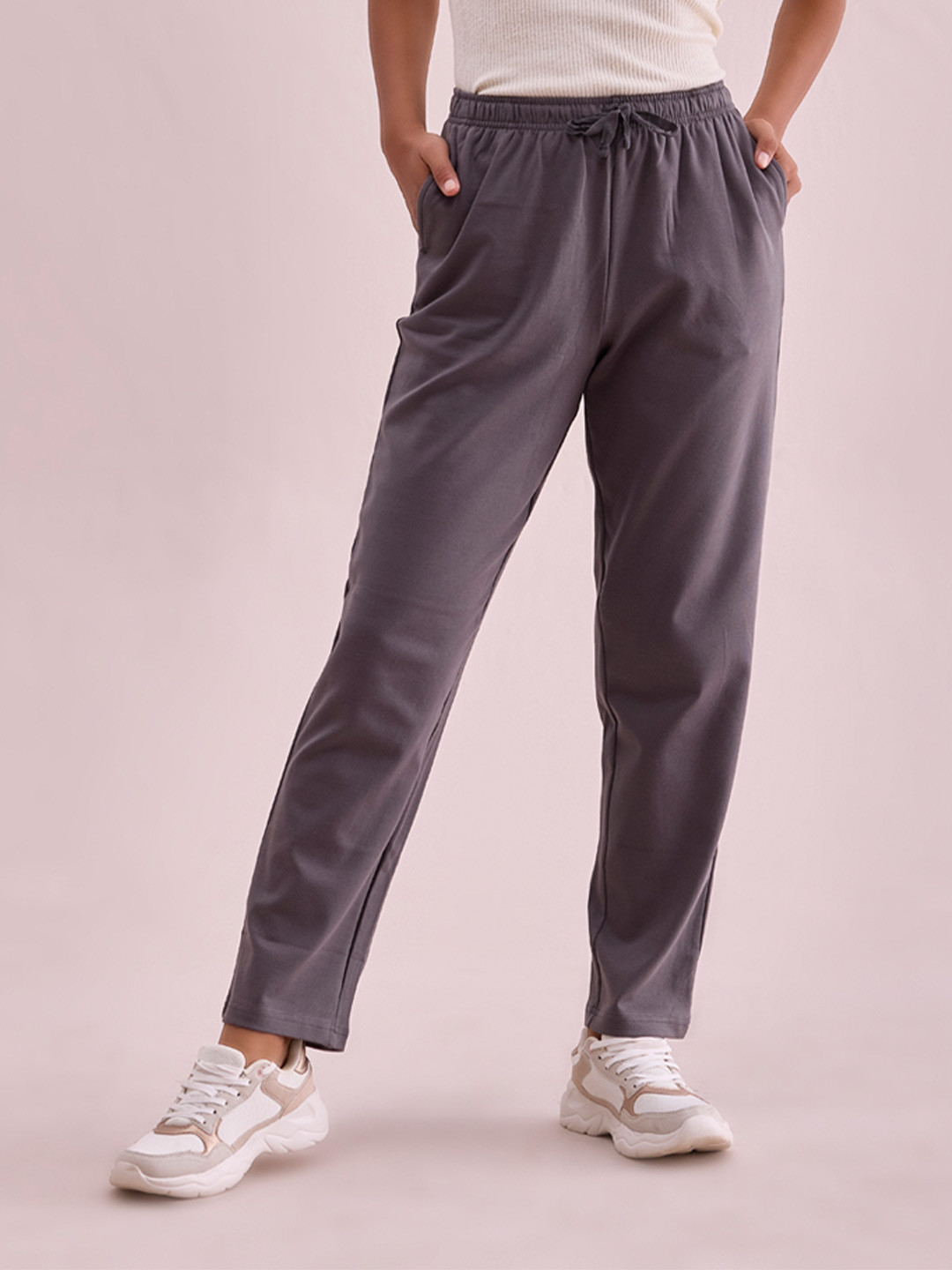 

Go Colors Women Relaxed Mid Rise Loose Fit Trousers, Grey