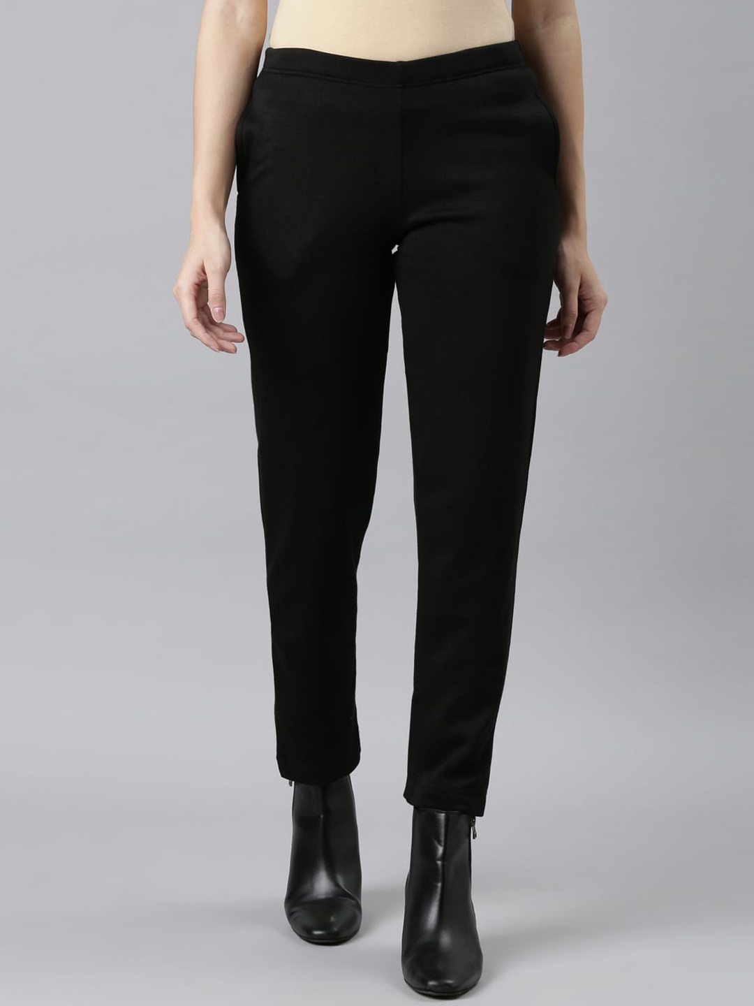 

Go Colors Women Tailored Mid Rise Tapered Fit Trousers, Black