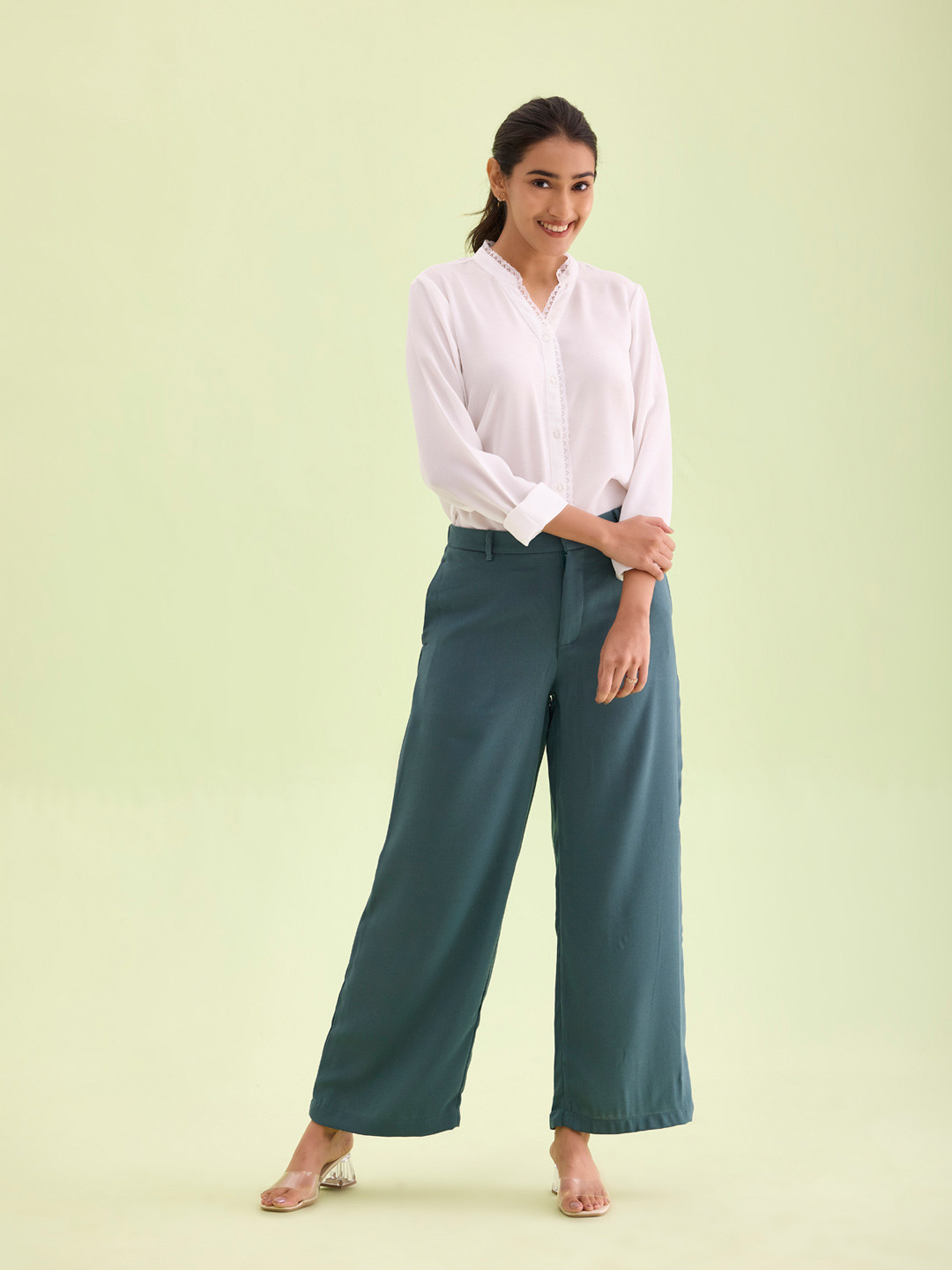 

Go Colors Women Relaxed Loose Fit High-Rise Parallel Trousers, Green