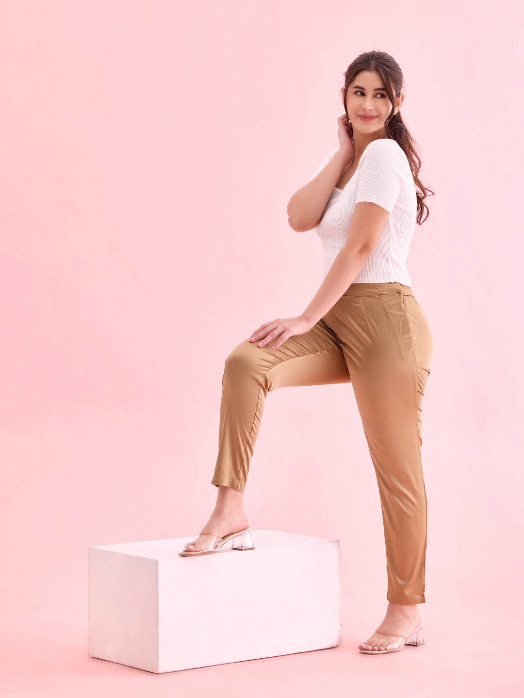Go Colors Women Gold-Toned Slim Fit Trousers