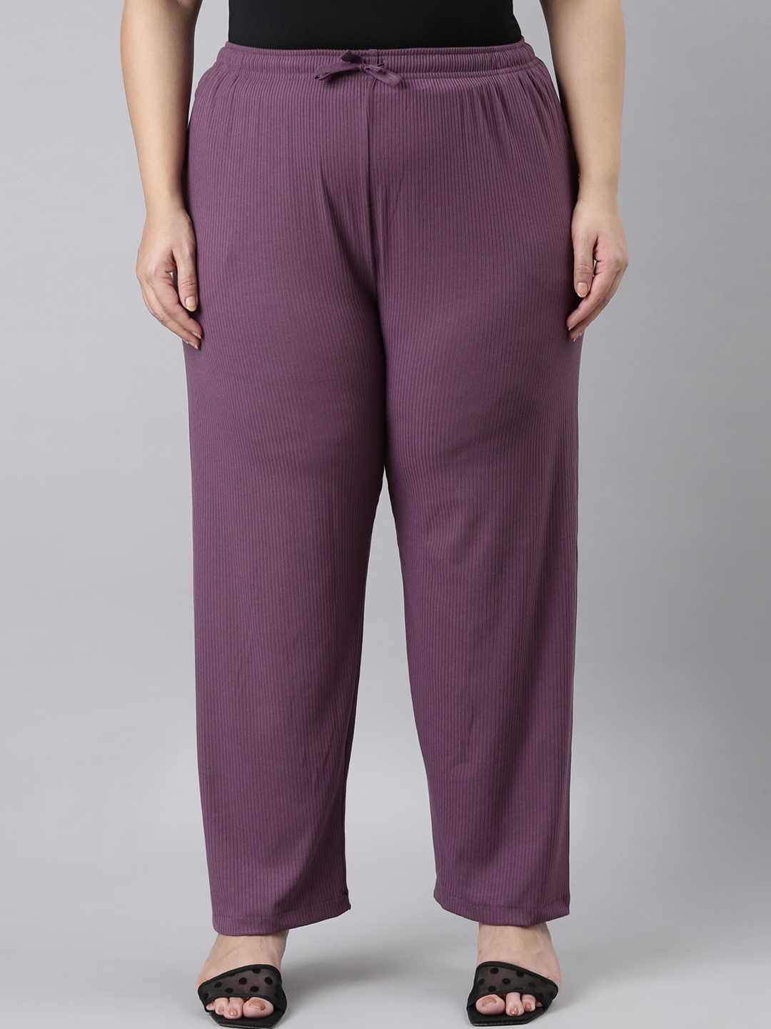

Go Colors Plus Size Women Relaxed Loose Fit Mid-Rise Striped Regular Trouser, Purple