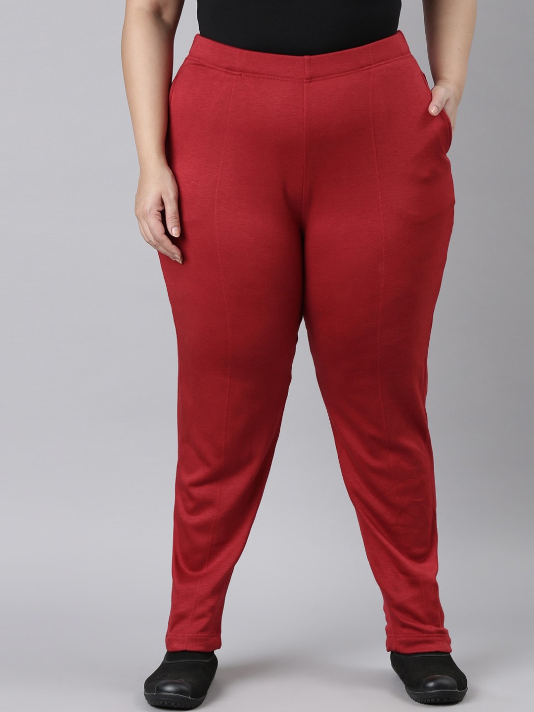 

Go Colors Plus Size Women Tailored Tapered Fit Acrylic Trousers, Red