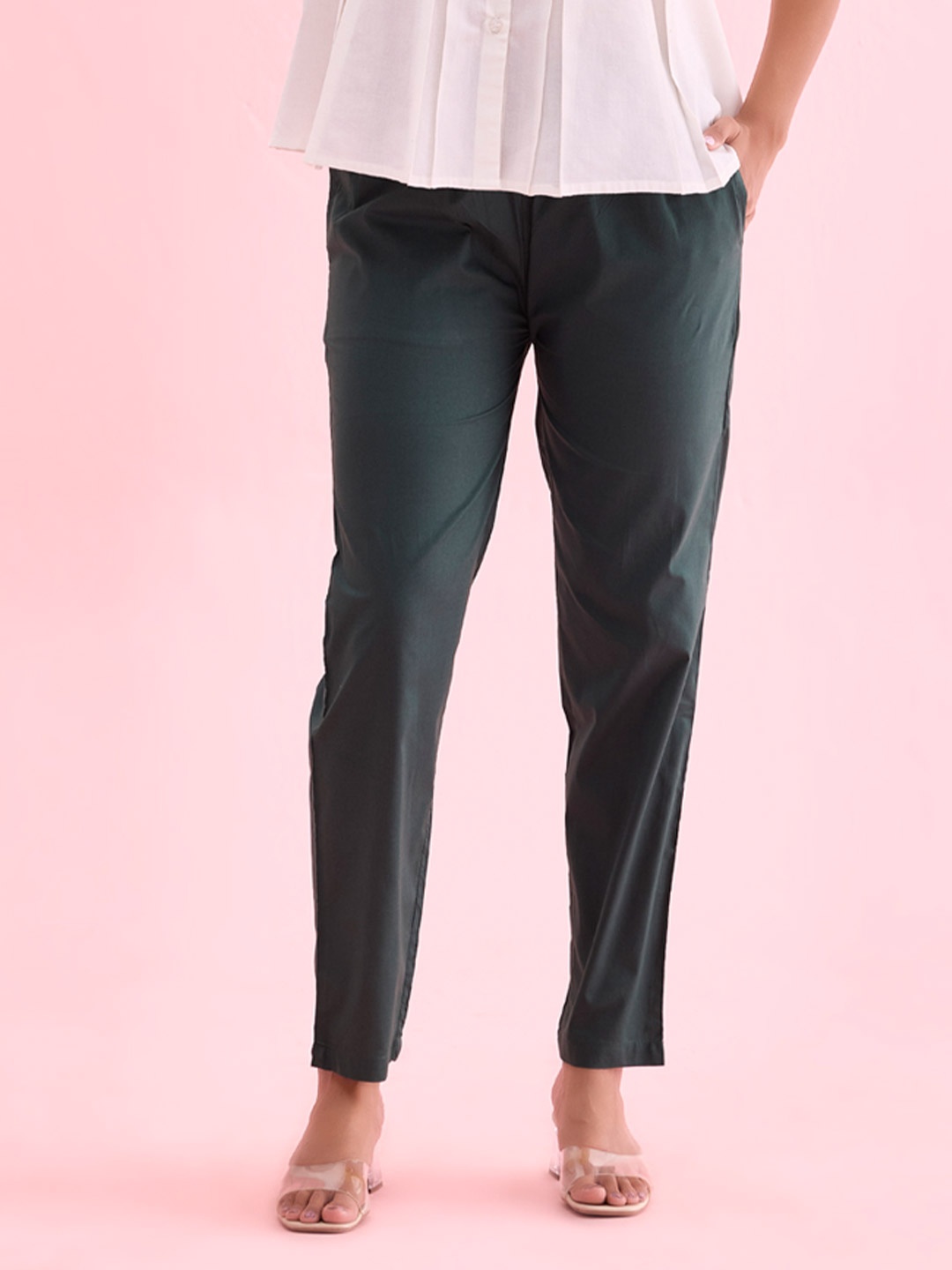 

Go Colors Women Tailored Tapered Fit Cotton Trousers, Green