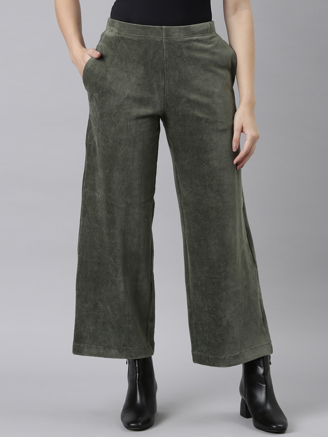 Go Colors Women Relaxed Loose Fit Cotton Trousers, Green