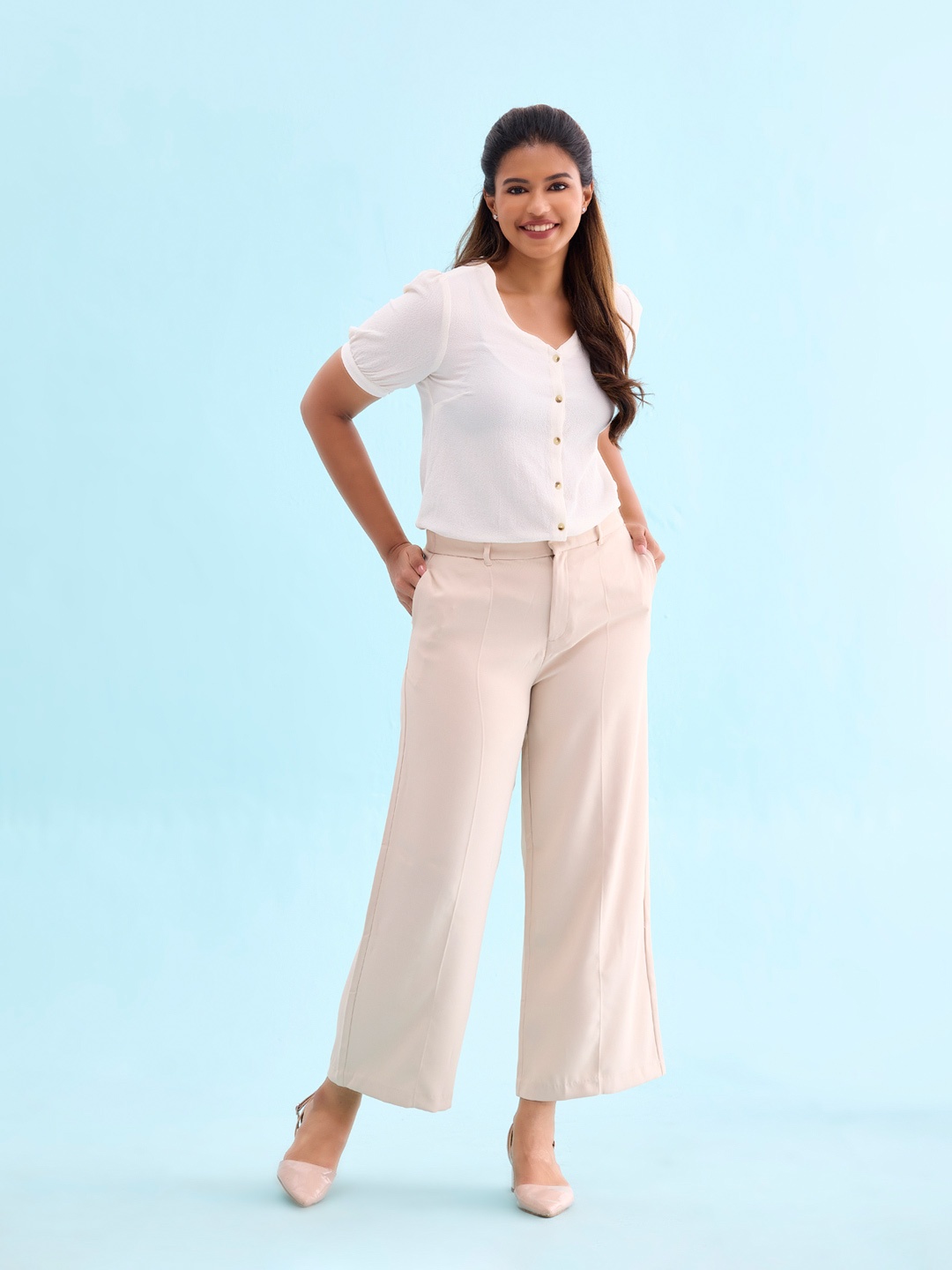 

Go Colors Women Relaxed Loose Fit High-Rise Pleated Parallel Trousers, Beige