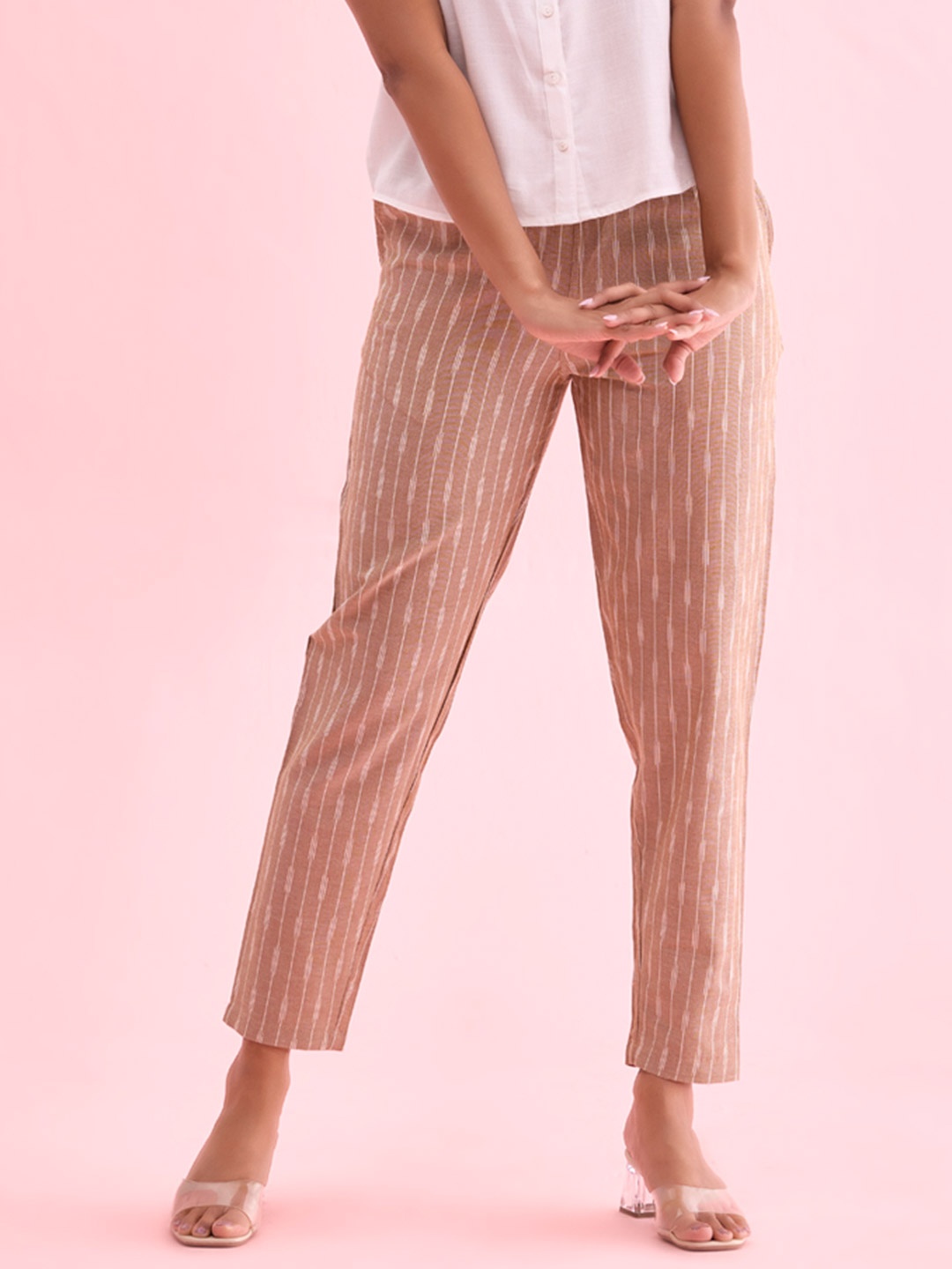 

Go Colors Women Striped Comfort Mid Rise Linen Cigarette Trousers, Beige