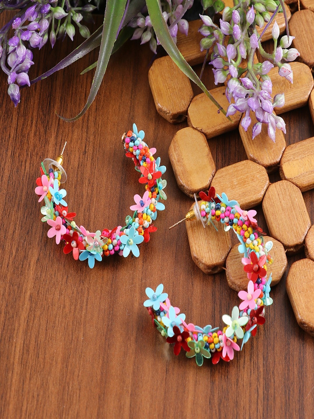 

UNIVERSITY TRENDZ Gold-Plated Floral Beaded Half Hoop Earrings