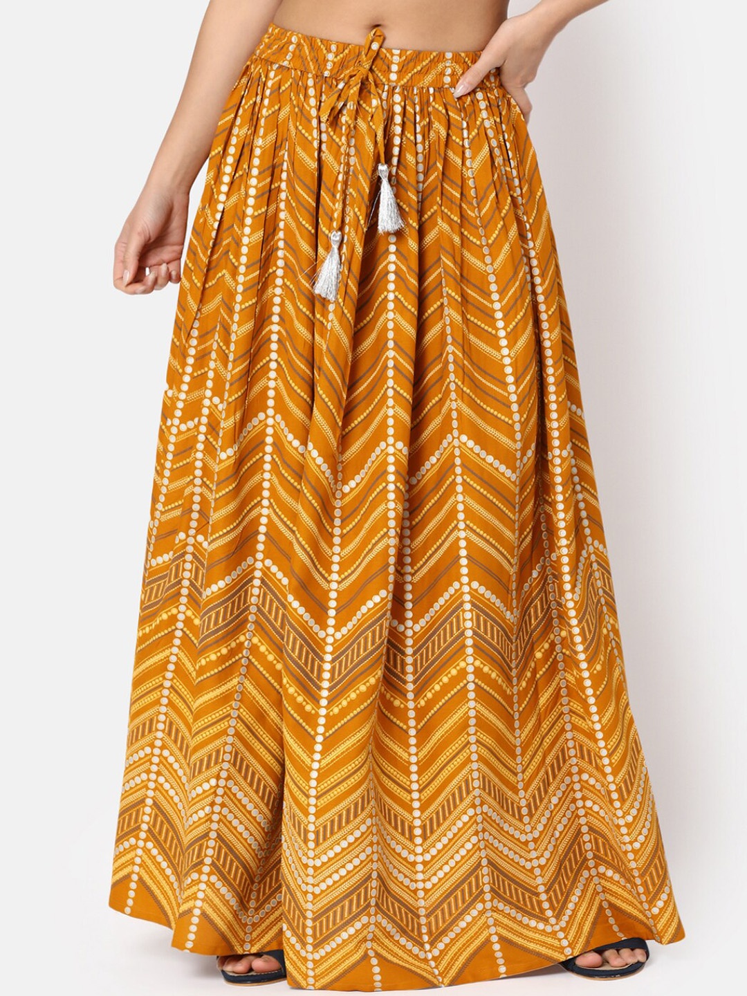 

V-Mart Ethnic Motifs Printed Flared Maxi Skirt, Gold