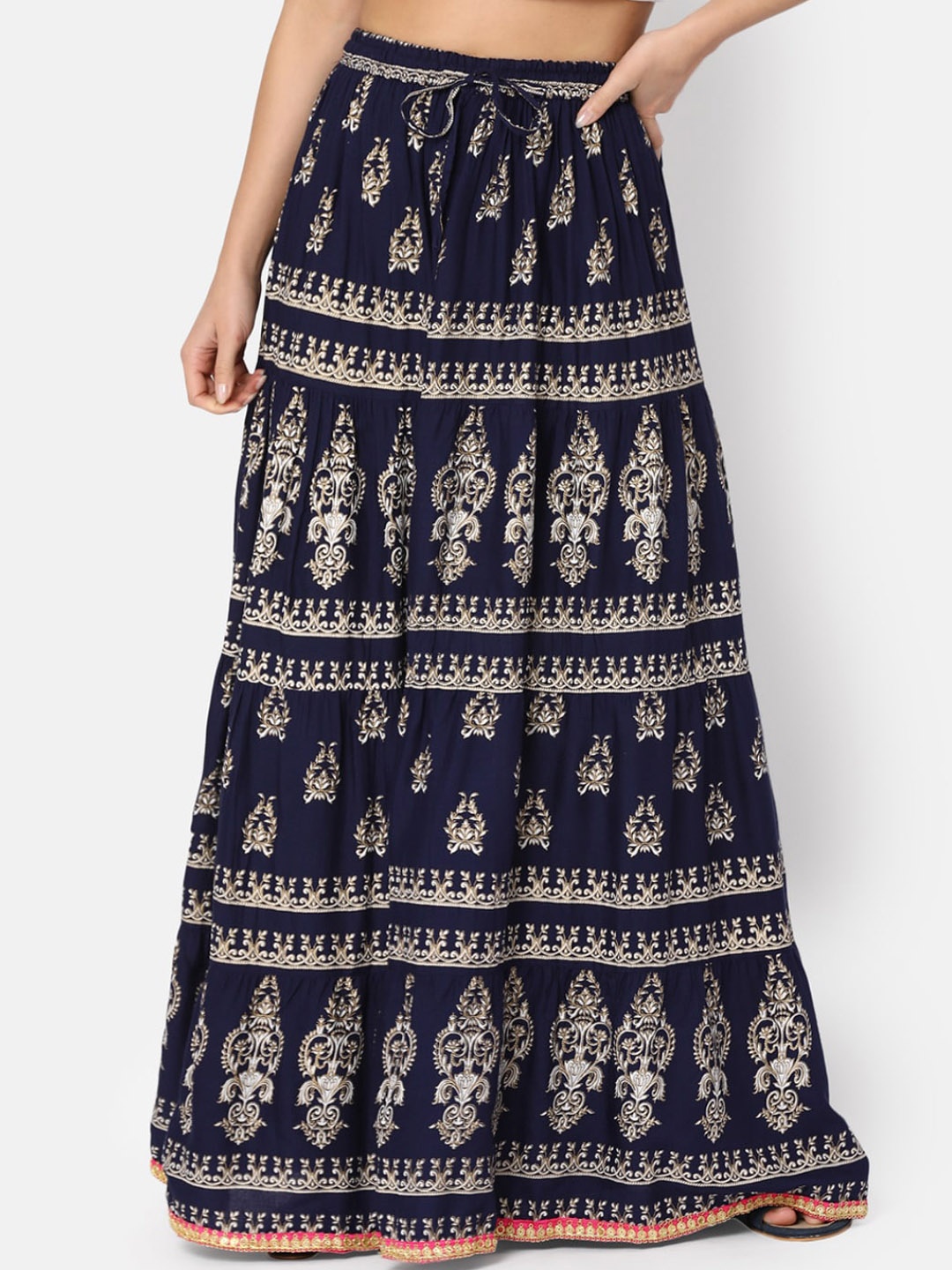 

V-Mart Ethnic Motifs Printed Flared Maxi Skirt, Navy blue