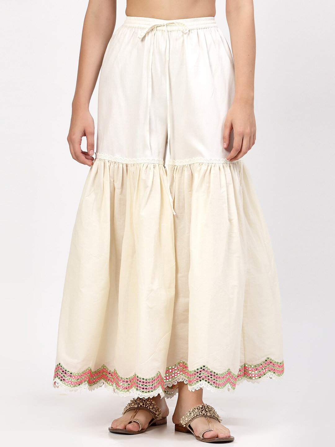 

LELA Women Mirror Work Cotton Sharara, Off white