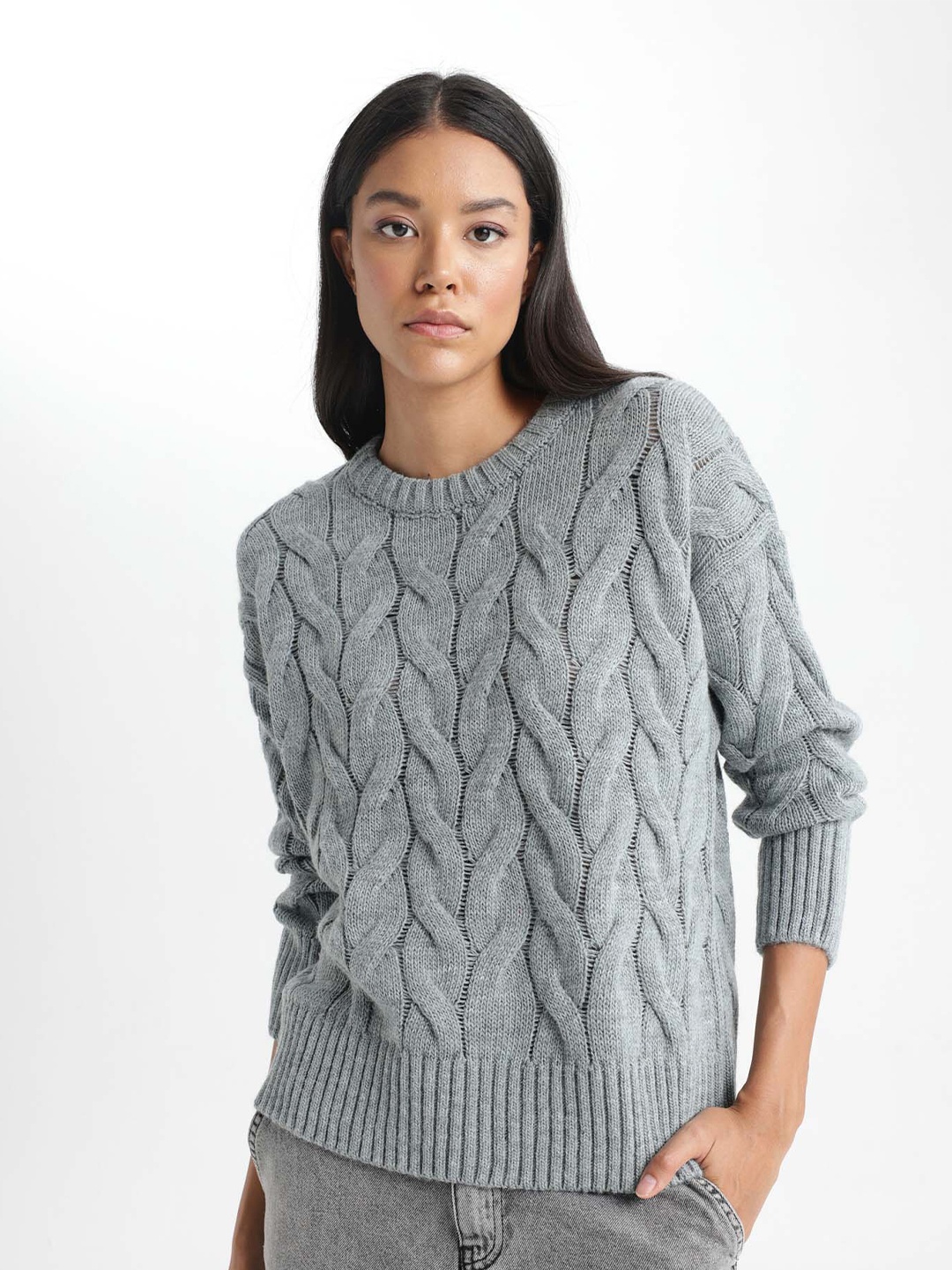 

DeFacto Cable Knit Round Neck Sweater, Grey