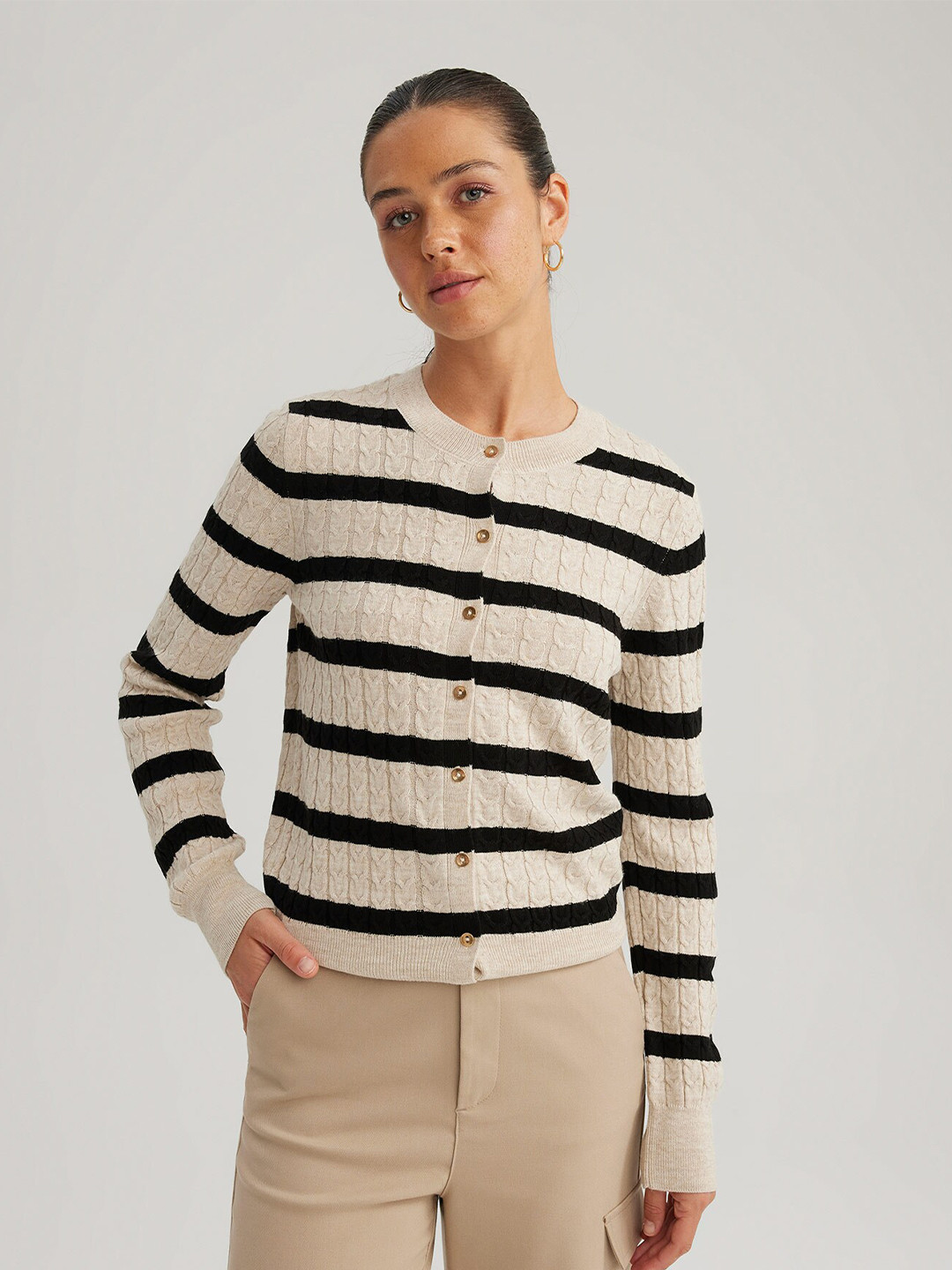 

DeFacto Striped Cardigan Acrylic Sweater, Beige