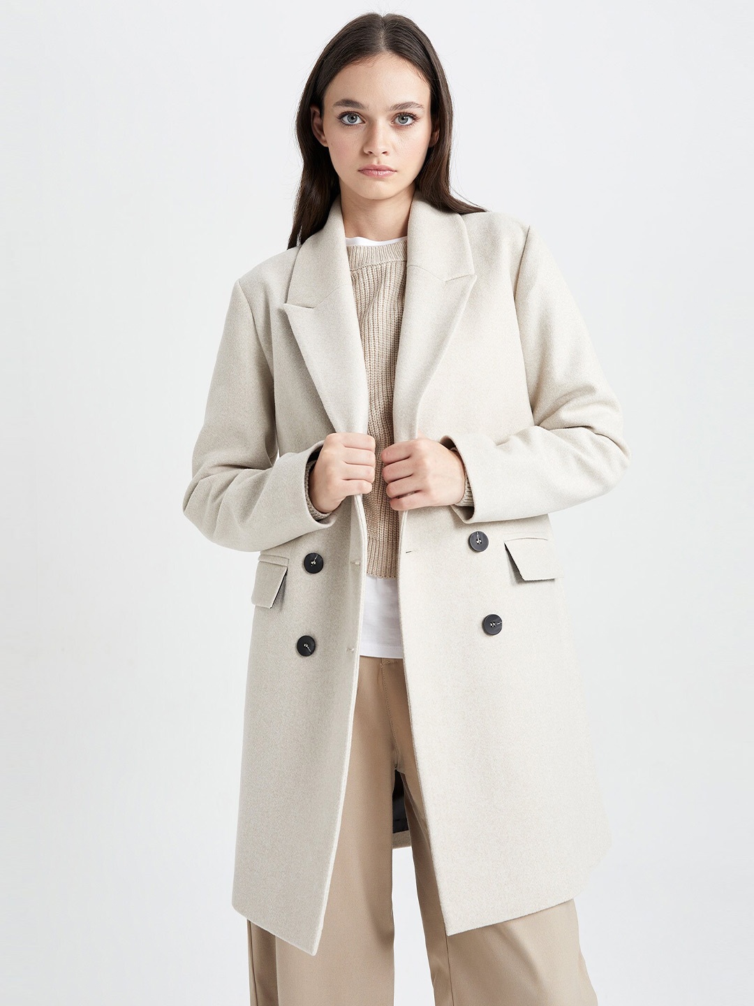 

DeFacto Notched Lapel Longline Trench Coat, Off white